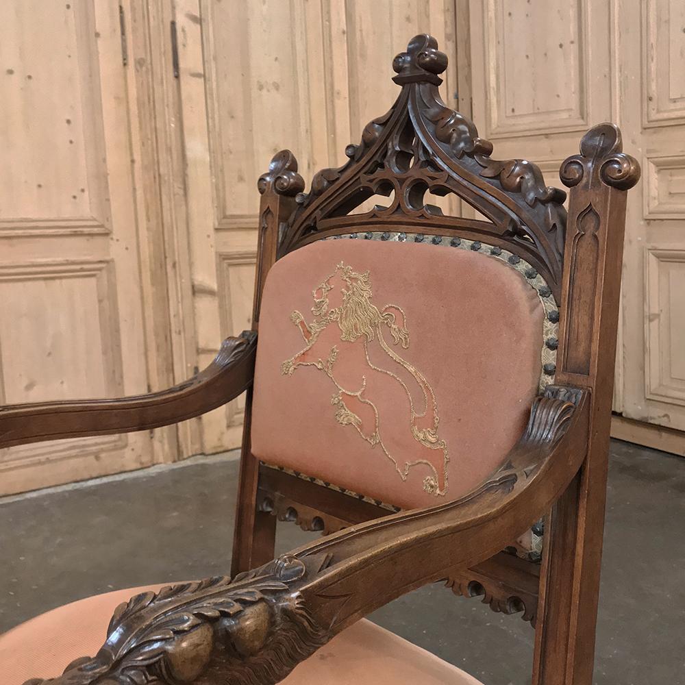 19th Century French Gothic Walnut Armchair with Embroidery For Sale 4