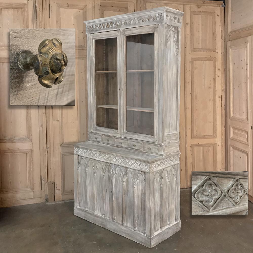 Gothic Revival 19th Century French Gothic Whitewashed Bookcase