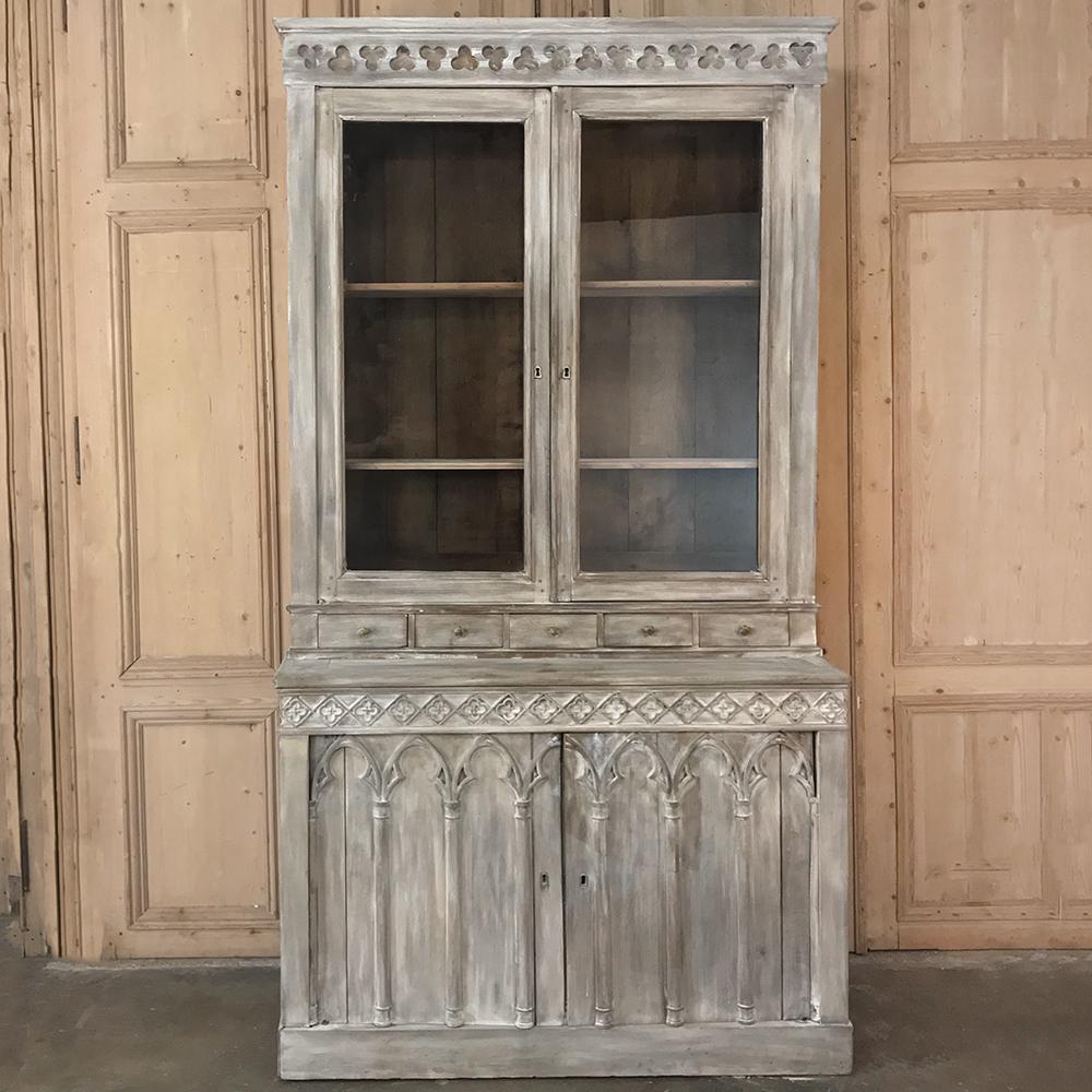 Hand-Carved 19th Century French Gothic Whitewashed Bookcase