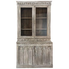 Antique 19th Century French Gothic Whitewashed Bookcase