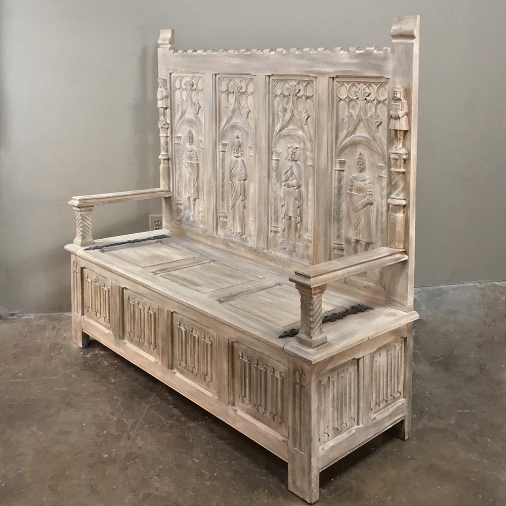 Hand-Carved 19th Century French Gothic Whitewashed Hall Bench