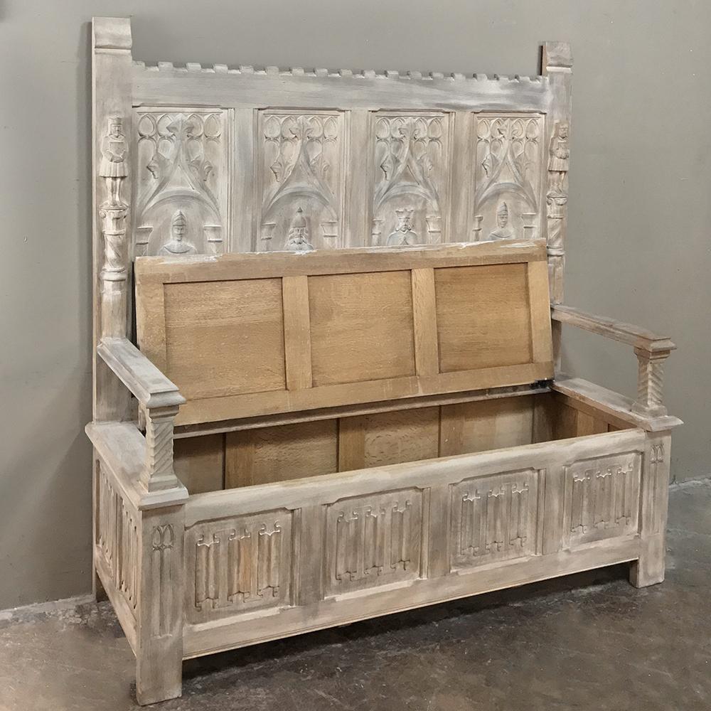 19th Century French Gothic Whitewashed Hall Bench In Good Condition In Dallas, TX