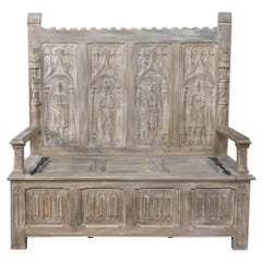 19th Century French Gothic Whitewashed Hall Bench