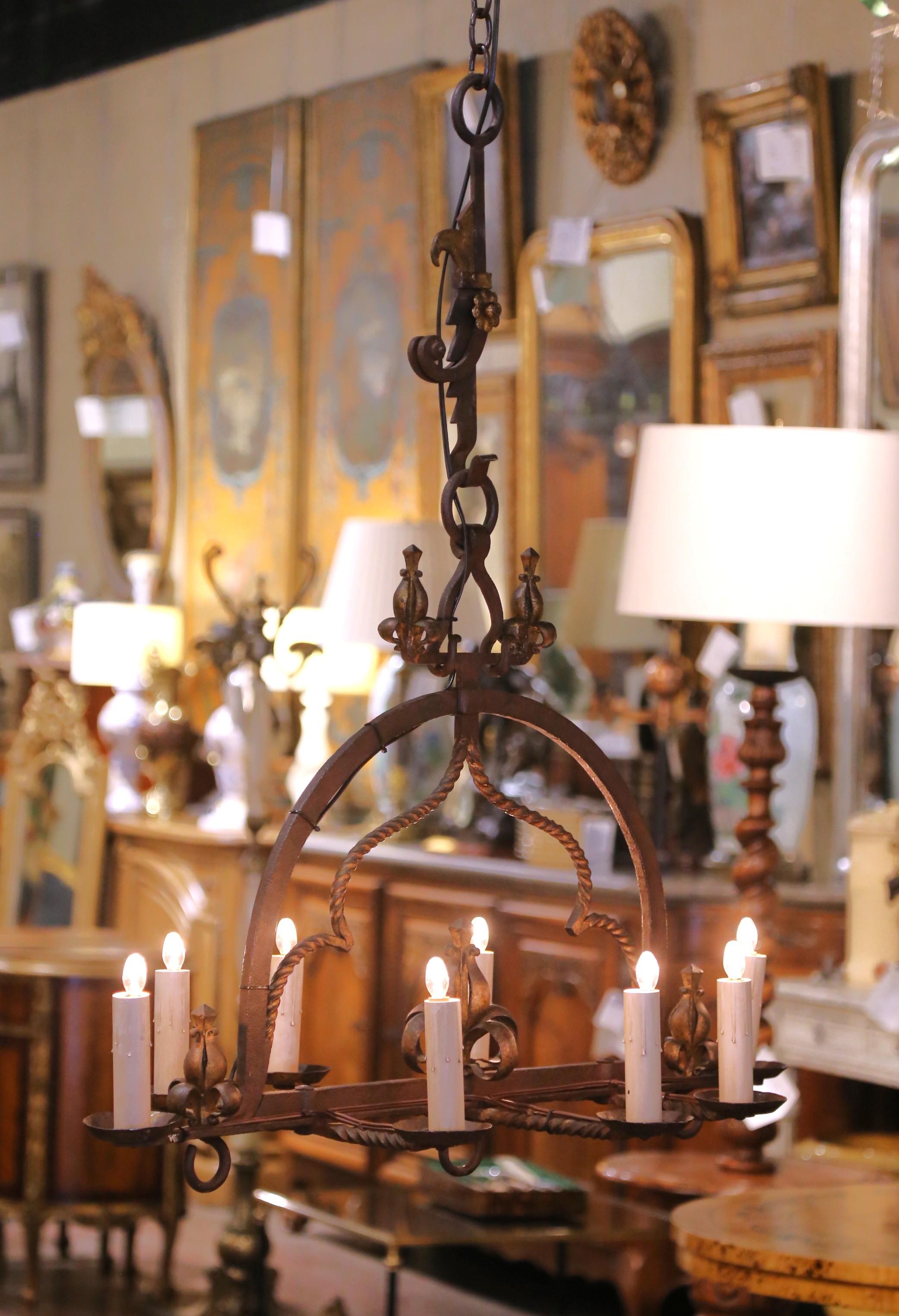 Forged 19th Century French Gothic Wrought Iron Eight-Light Chandelier with Gilt Accents For Sale