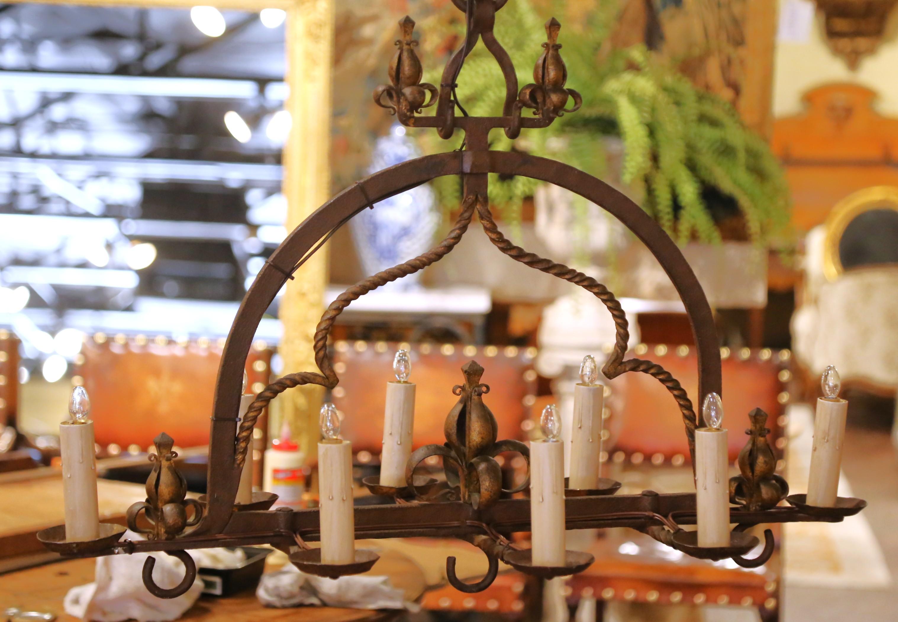 19th Century French Gothic Wrought Iron Eight-Light Chandelier with Gilt Accents In Excellent Condition For Sale In Dallas, TX
