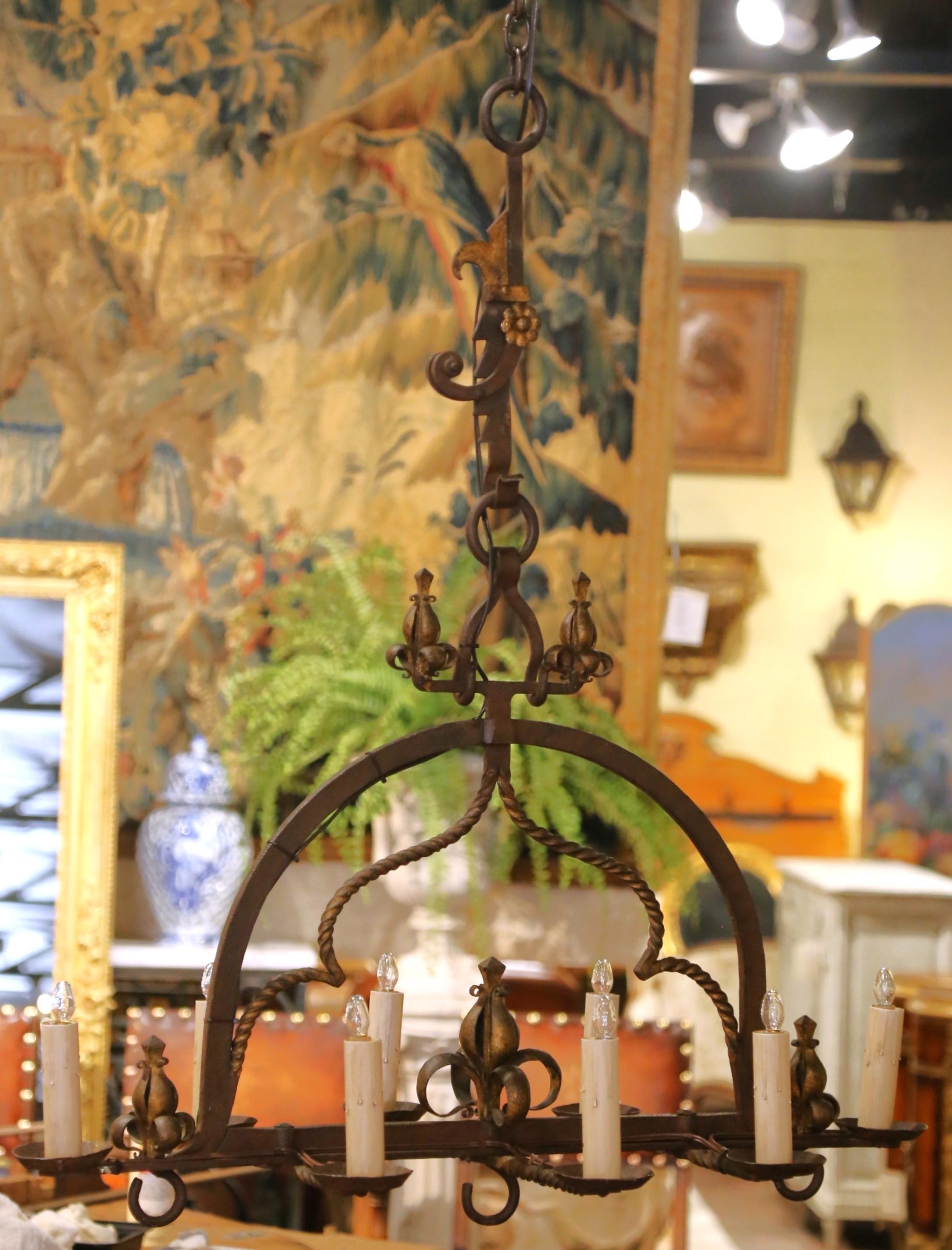 19th Century French Gothic Wrought Iron Eight-Light Chandelier with Gilt Accents For Sale 1