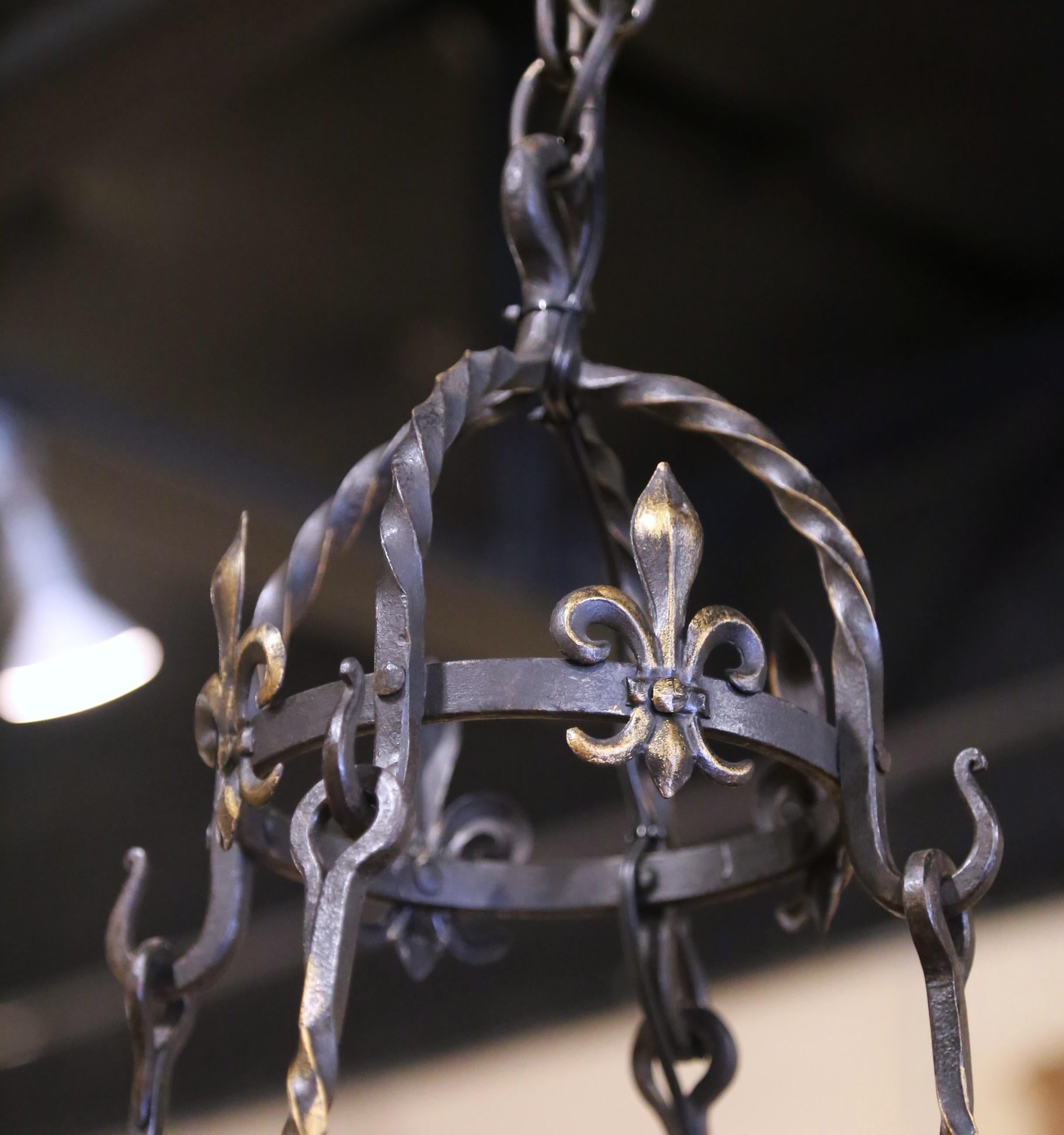 Ferro Lampadario a otto luci in ferro battuto gotico francese del XIX secolo con accenti dorati