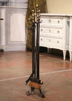 19th Century French Gothic Wrought Iron Fireplace Tool Set with Bronze Handles