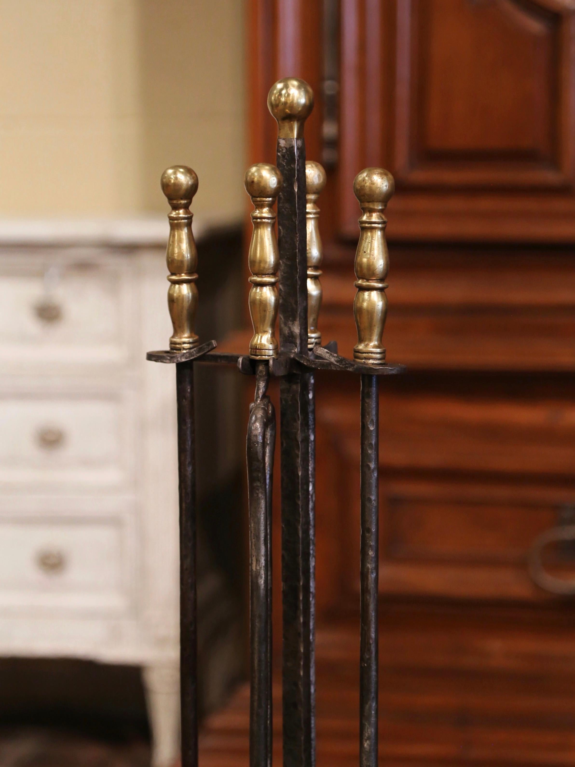 19th Century French Gothic Wrought Iron Fireplace Tool Set with Bronze Handles In Excellent Condition For Sale In Dallas, TX