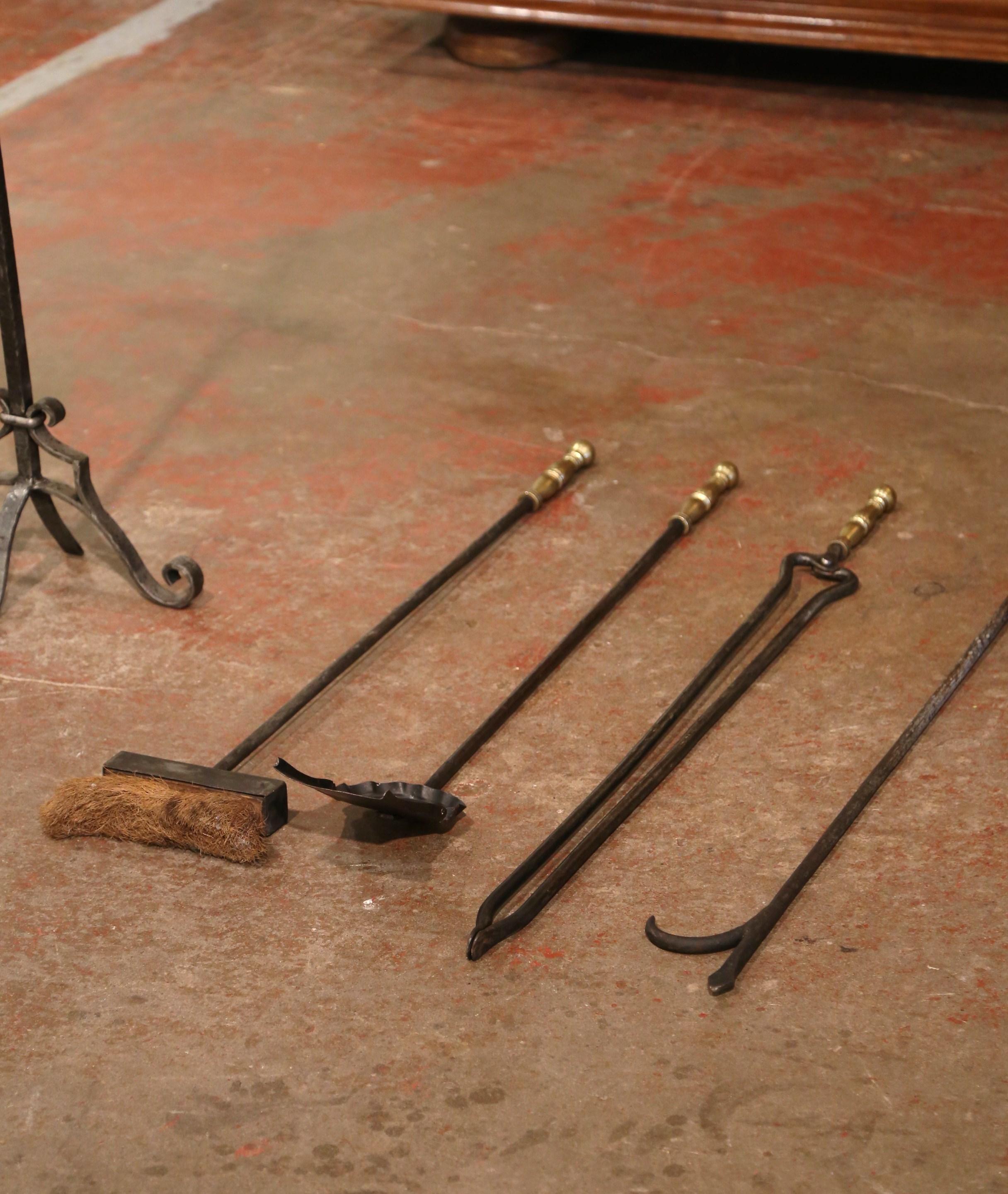 19th Century French Gothic Wrought Iron Fireplace Tool Set with Bronze Handles For Sale 2
