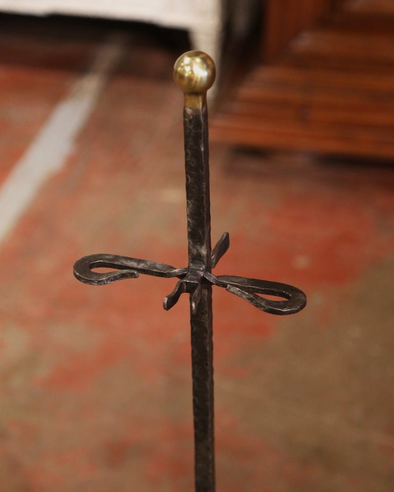 19th Century French Gothic Wrought Iron Fireplace Tool Set with Bronze ...