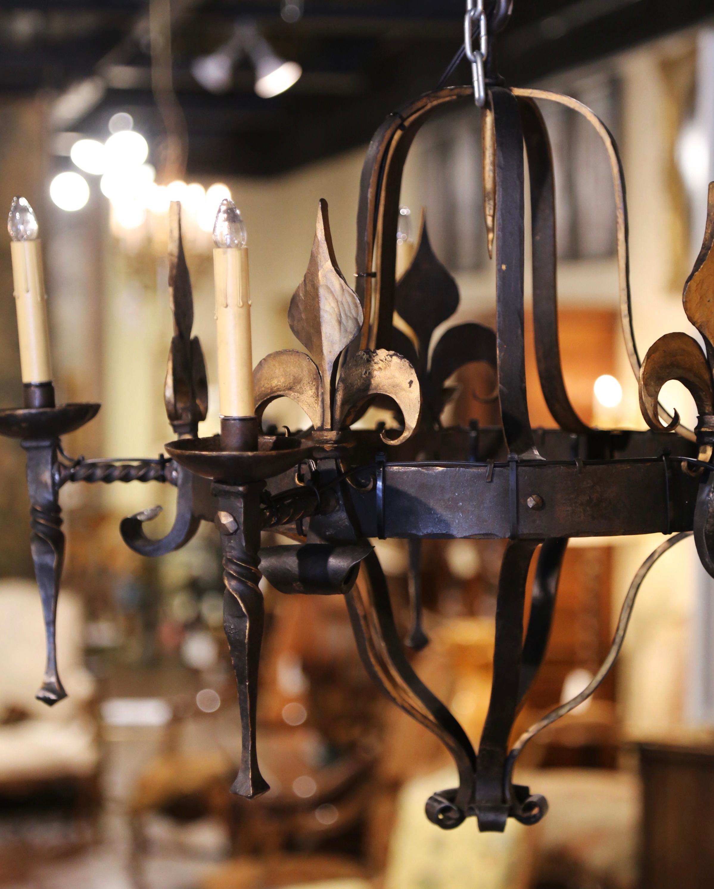 Forged 19th Century French Gothic Wrought Iron Five-Light Chandelier and Fleurs-de-Lys 