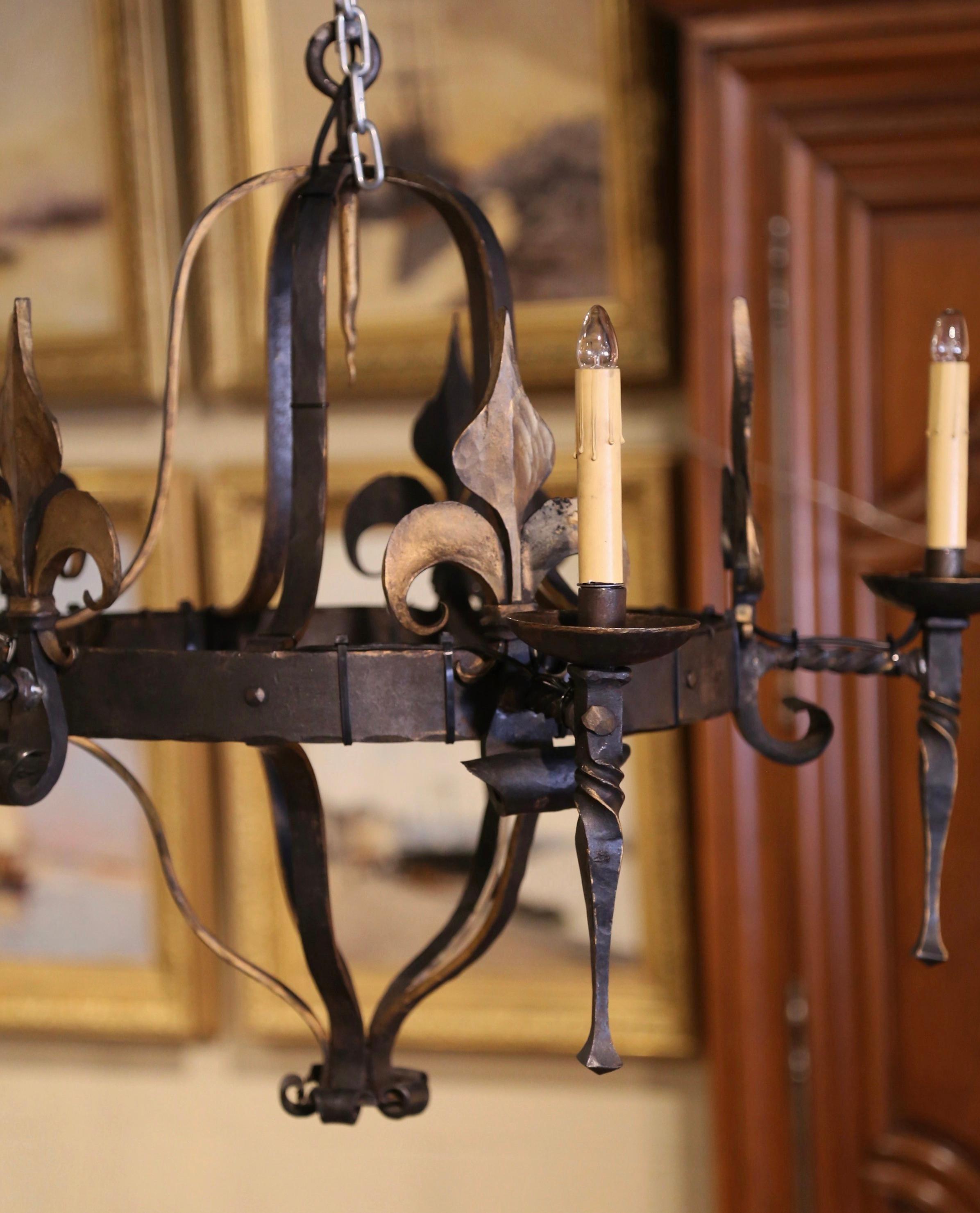 19th Century French Gothic Wrought Iron Five-Light Chandelier and Fleurs-de-Lys  In Excellent Condition In Dallas, TX