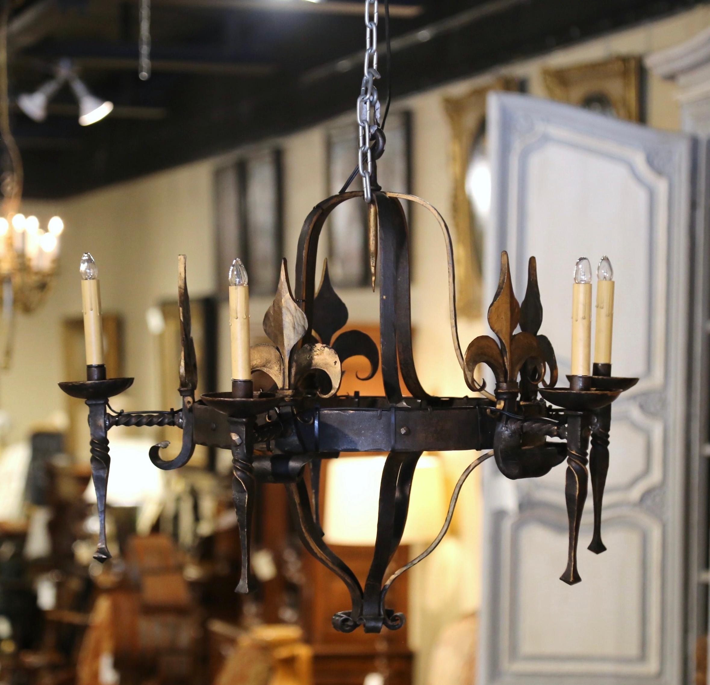 19th Century French Gothic Wrought Iron Five-Light Chandelier and Fleurs-de-Lys  1