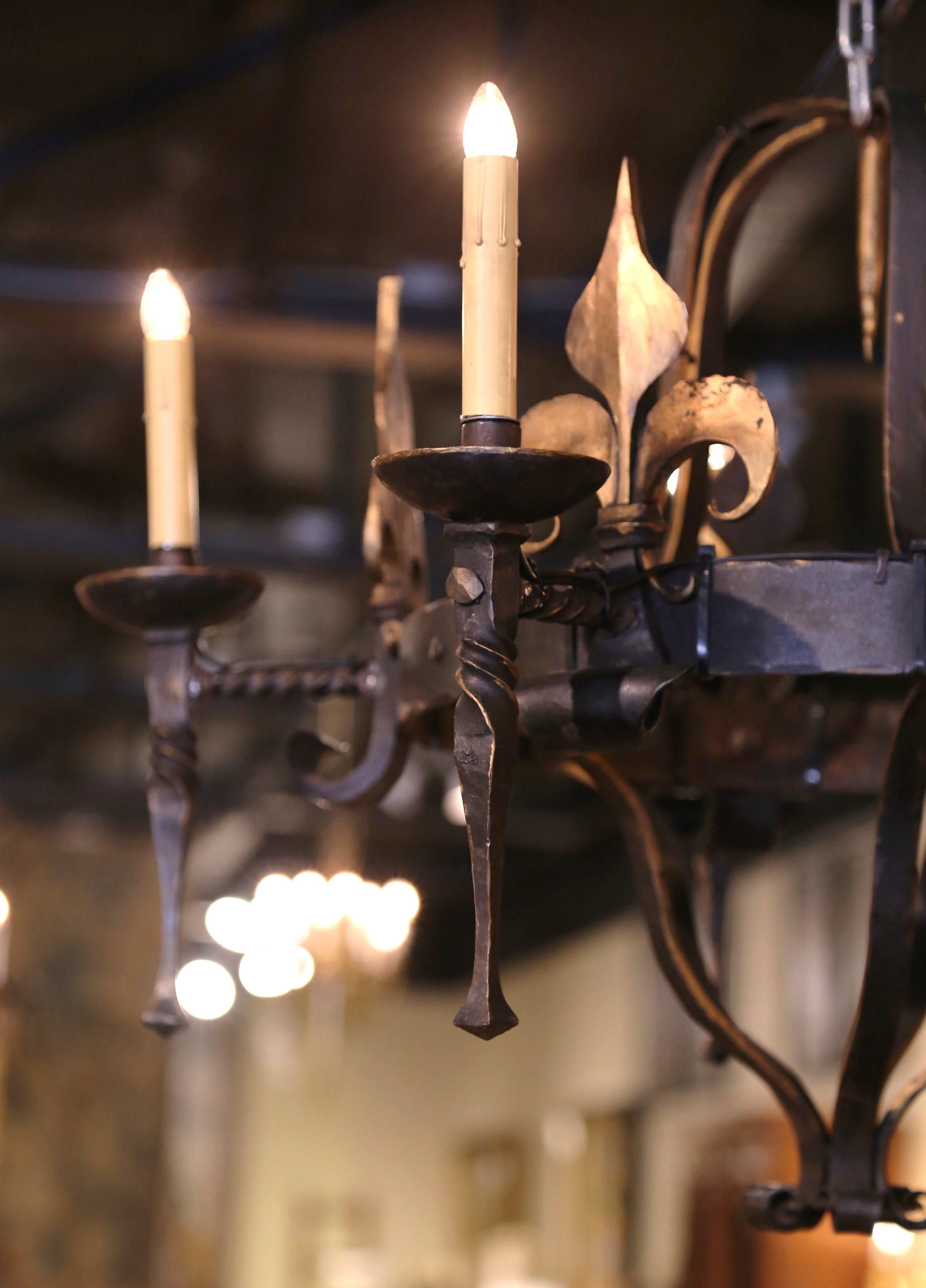 19th Century French Gothic Wrought Iron Five-Light Chandelier and Fleurs-de-Lys  3