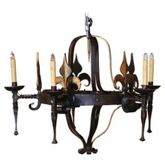 19th Century French Gothic Wrought Iron Five-Light Chandelier and Fleurs-de-Lys