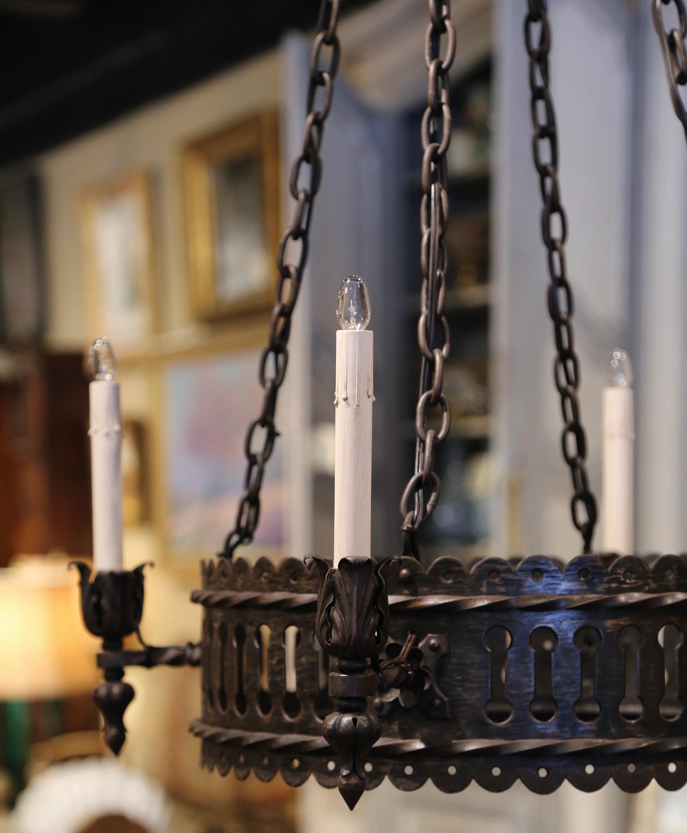 Forged 19th Century French Gothic Wrought Iron Four-Light Round Chandelier