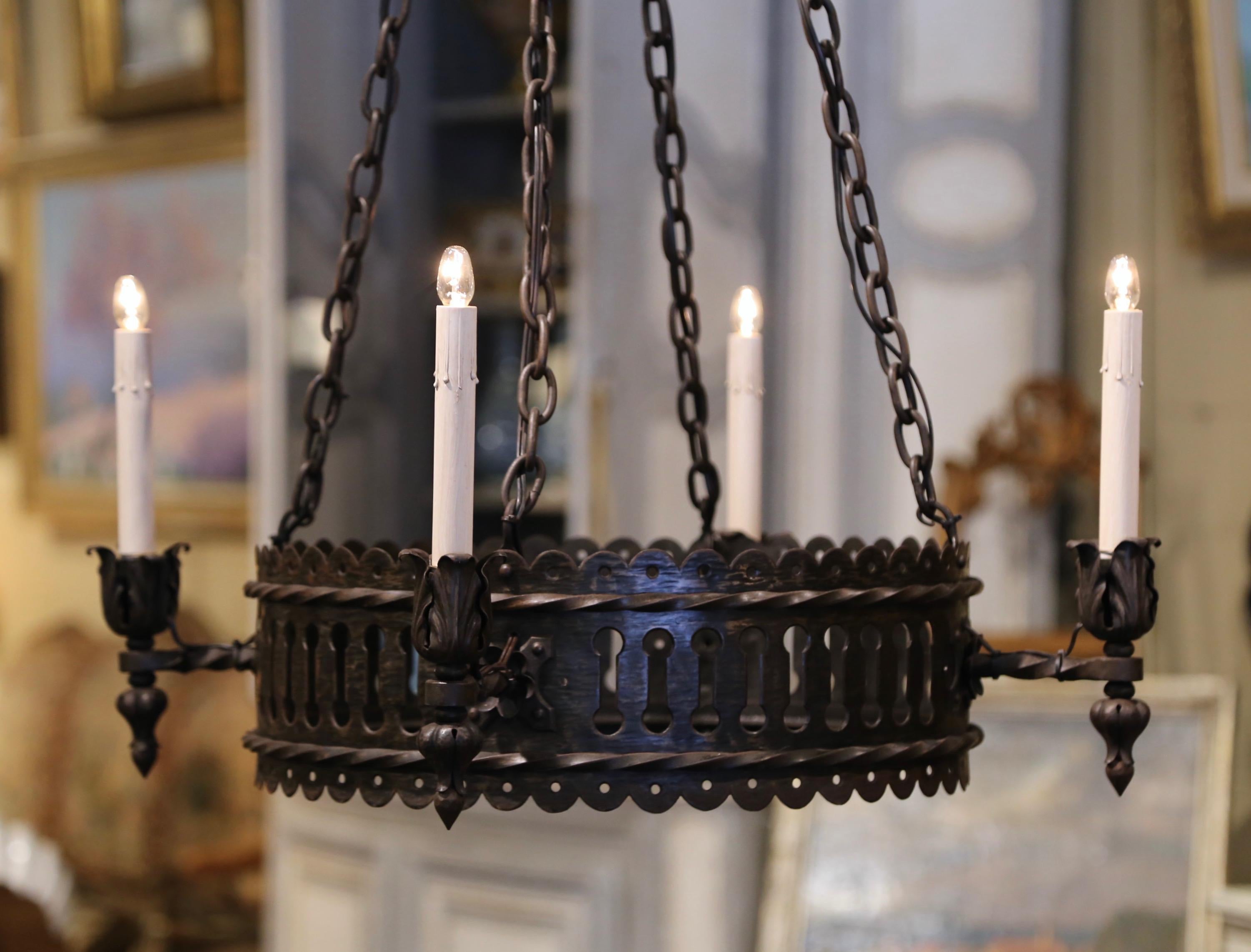 19th Century French Gothic Wrought Iron Four-Light Round Chandelier 1