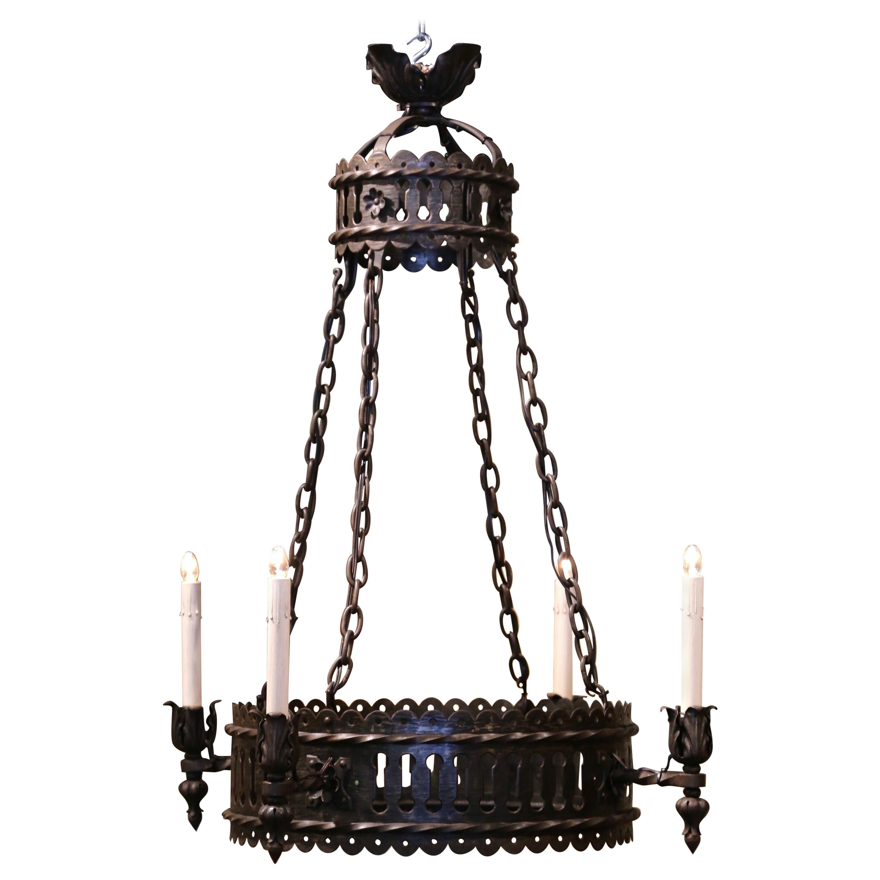 19th Century French Gothic Wrought Iron Four-Light Round Chandelier