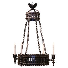 19th Century French Gothic Wrought Iron Four-Light Round Chandelier