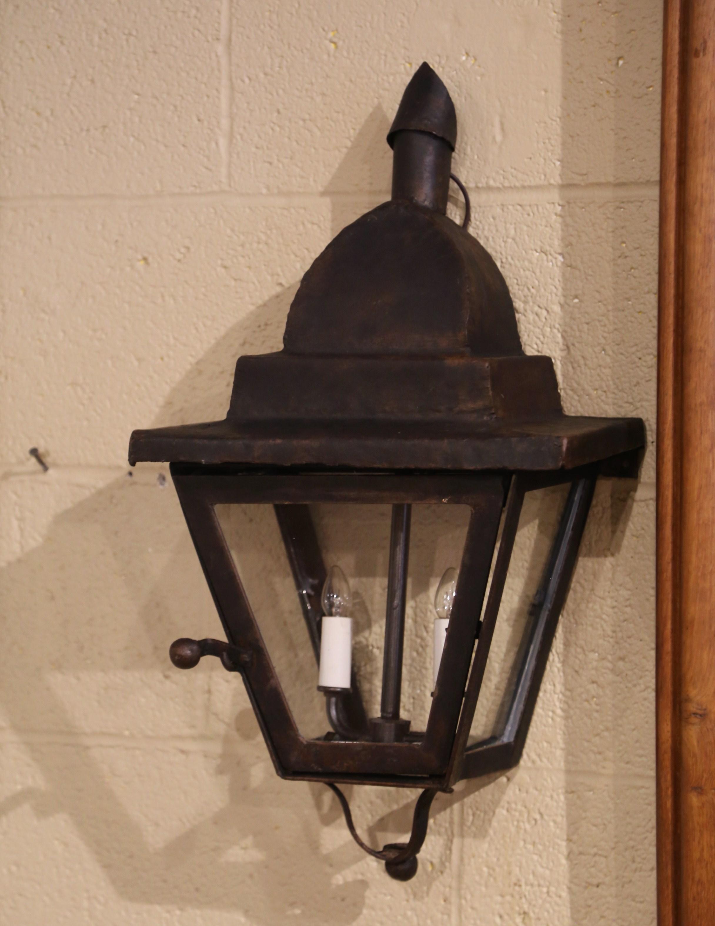 Blackened  19th Century French Gothic Wrought Iron Two-Light Lanterns Sconces, Set of 4 For Sale