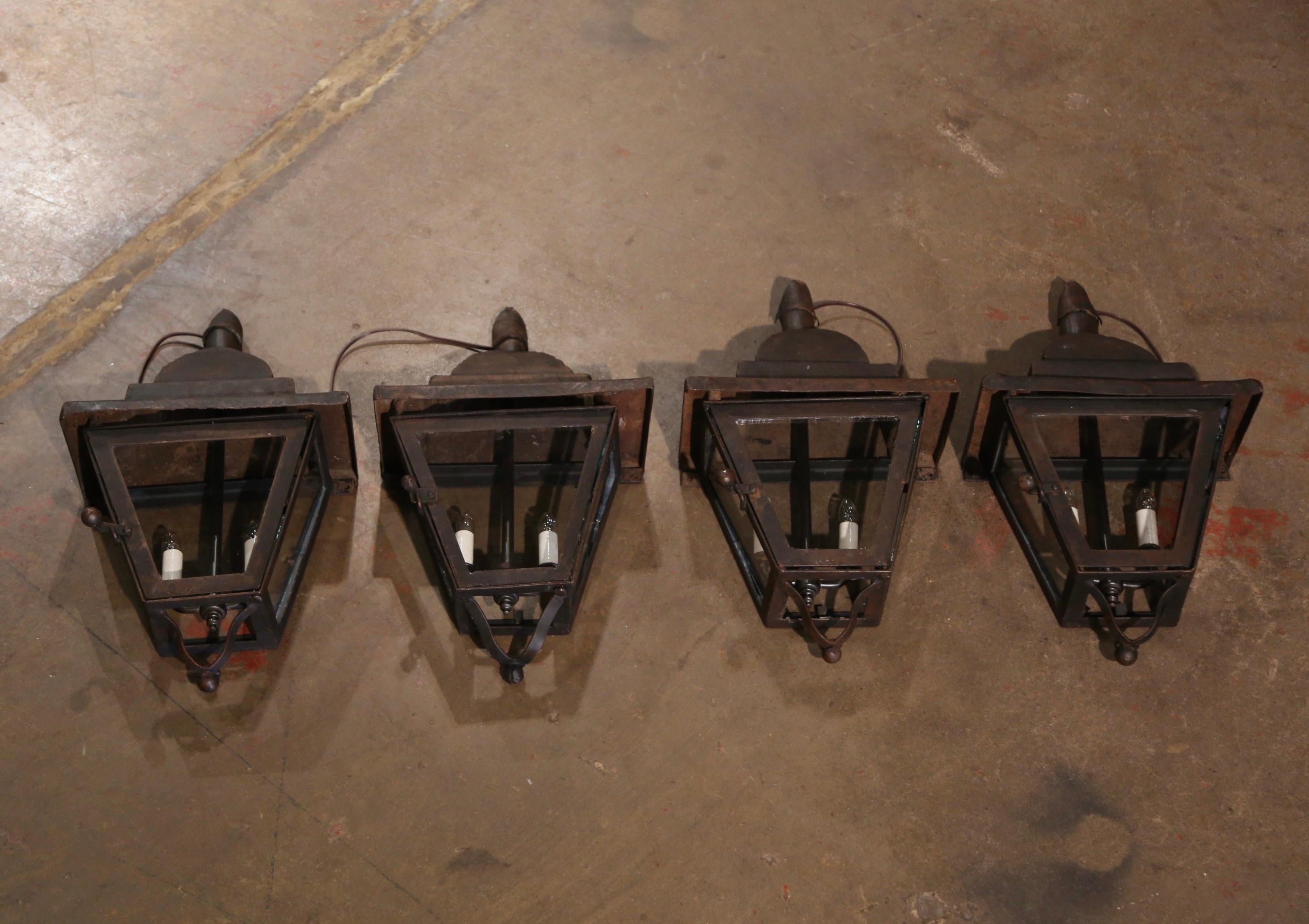 Glass  19th Century French Gothic Wrought Iron Two-Light Lanterns Sconces, Set of 4 For Sale