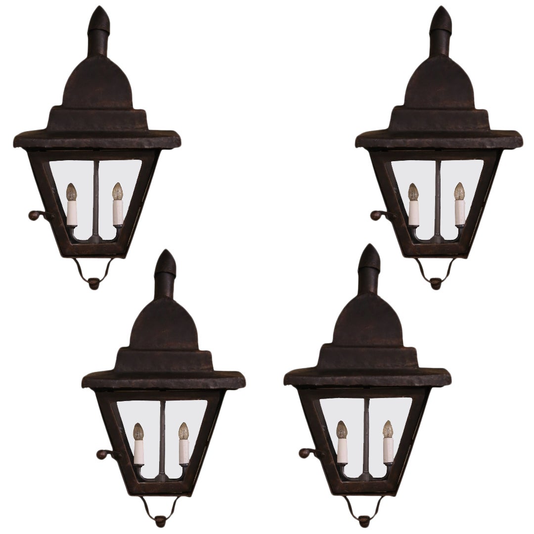 19th Century French Gothic Wrought Iron Two-Light Lanterns Sconces, Set of 4 For Sale