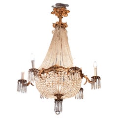 19th Century French Grand Gilt Brass Crystal Basket Chandelier in Empire Style