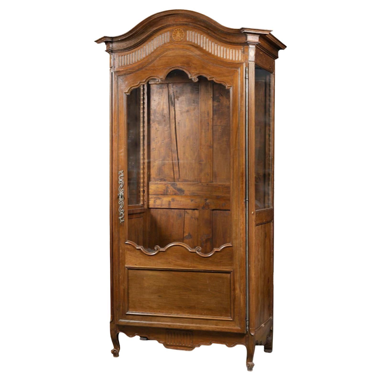 19th Century French Grand Hand Carved Walnut Provincial Vitrine For Sale