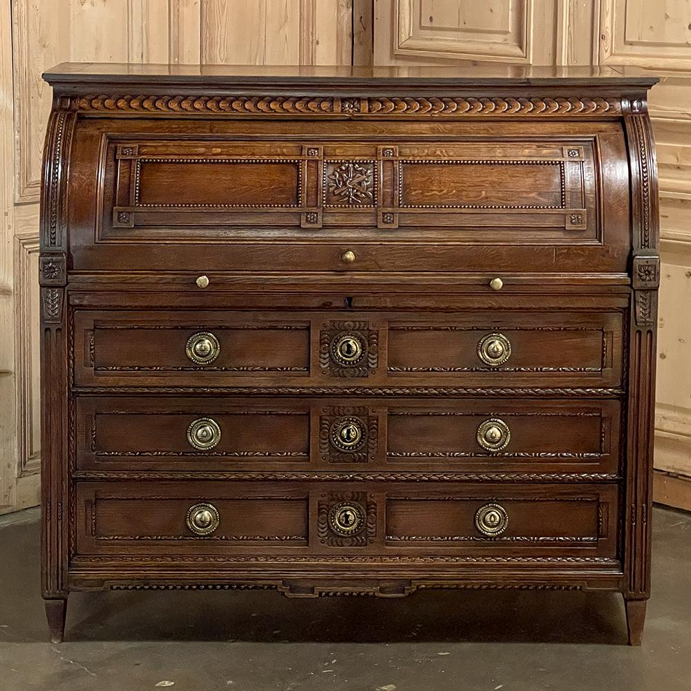 Hand-Carved 19th Century French Grand Louis XVI Cylinder Desk For Sale