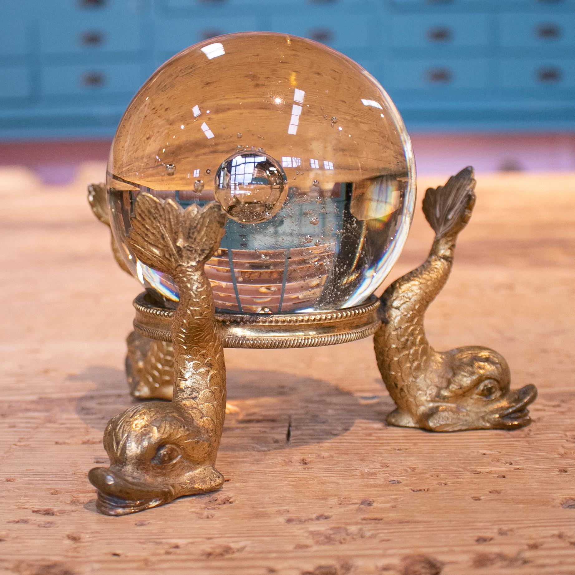 19th Century French Grand Tour Glass Ball with Fish Feet Golden Bronze Base In Good Condition In Marbella, ES
