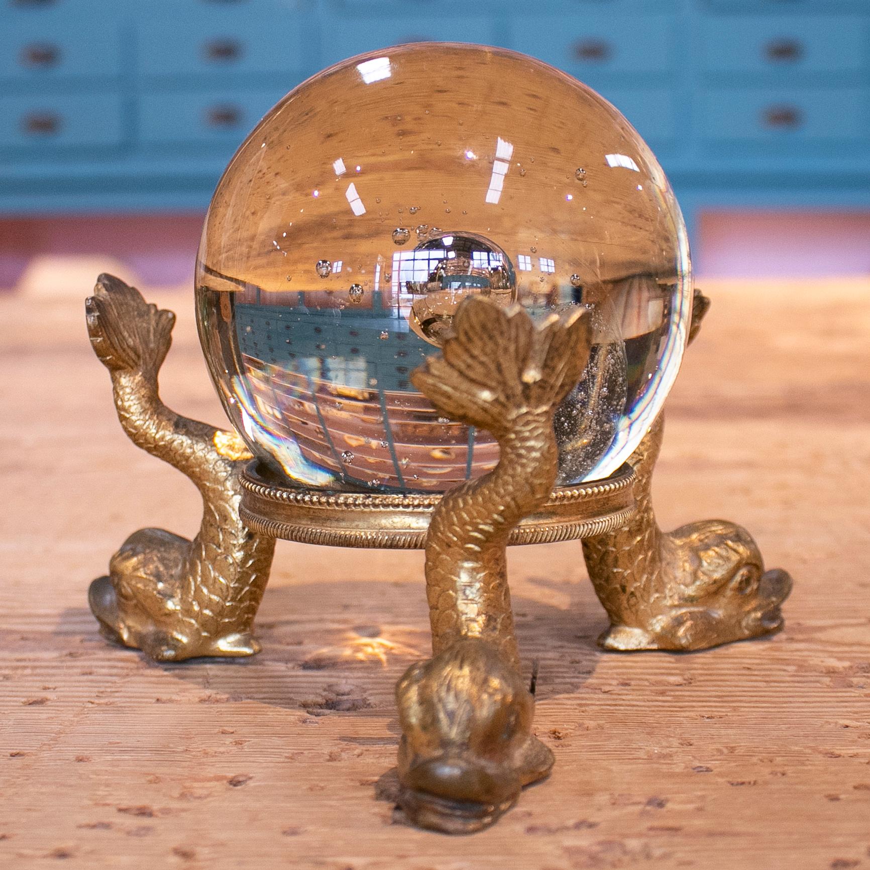 18th Century 19th Century French Grand Tour Glass Ball with Fish Feet Golden Bronze Base