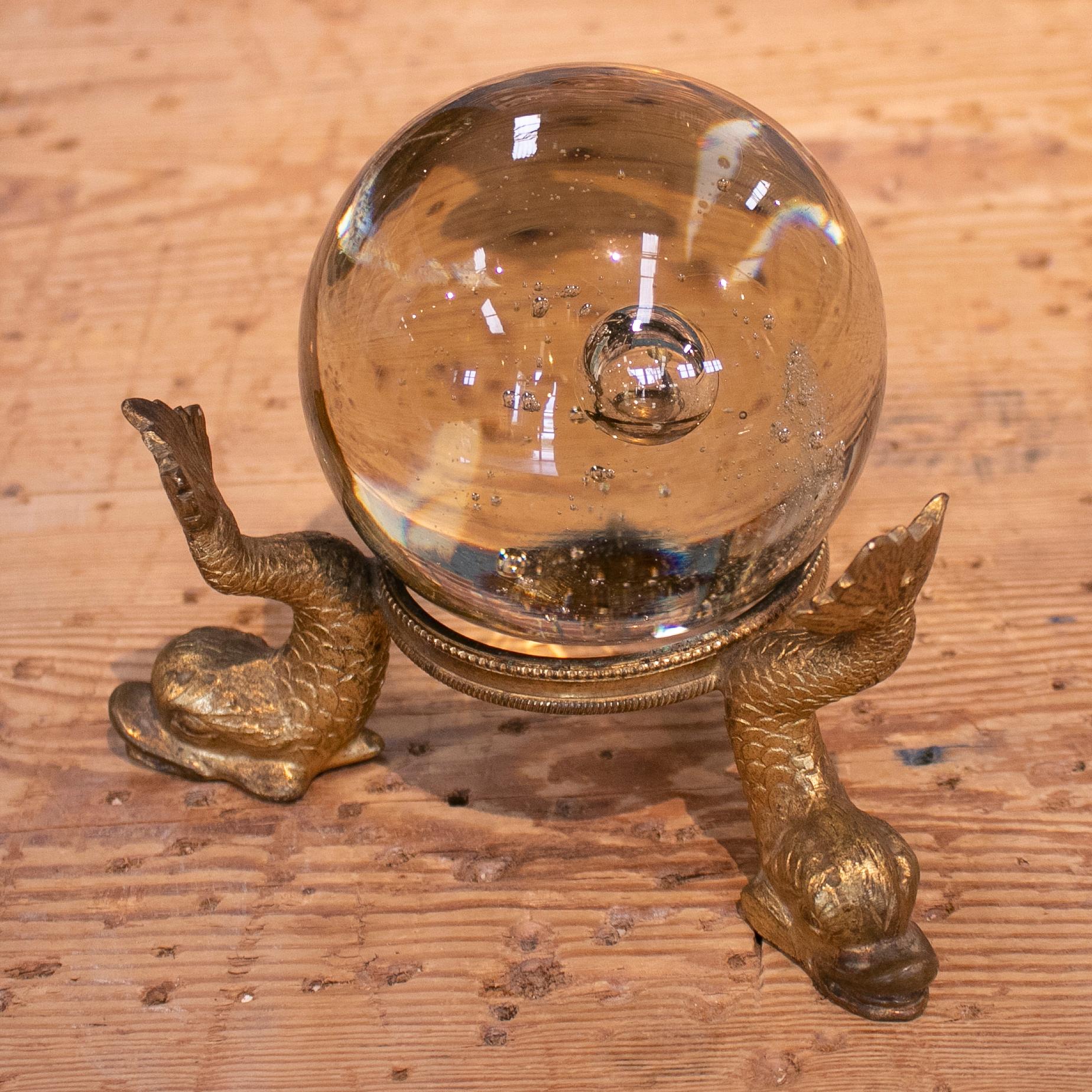 19th Century French Grand Tour Glass Ball with Fish Feet Golden Bronze Base 1