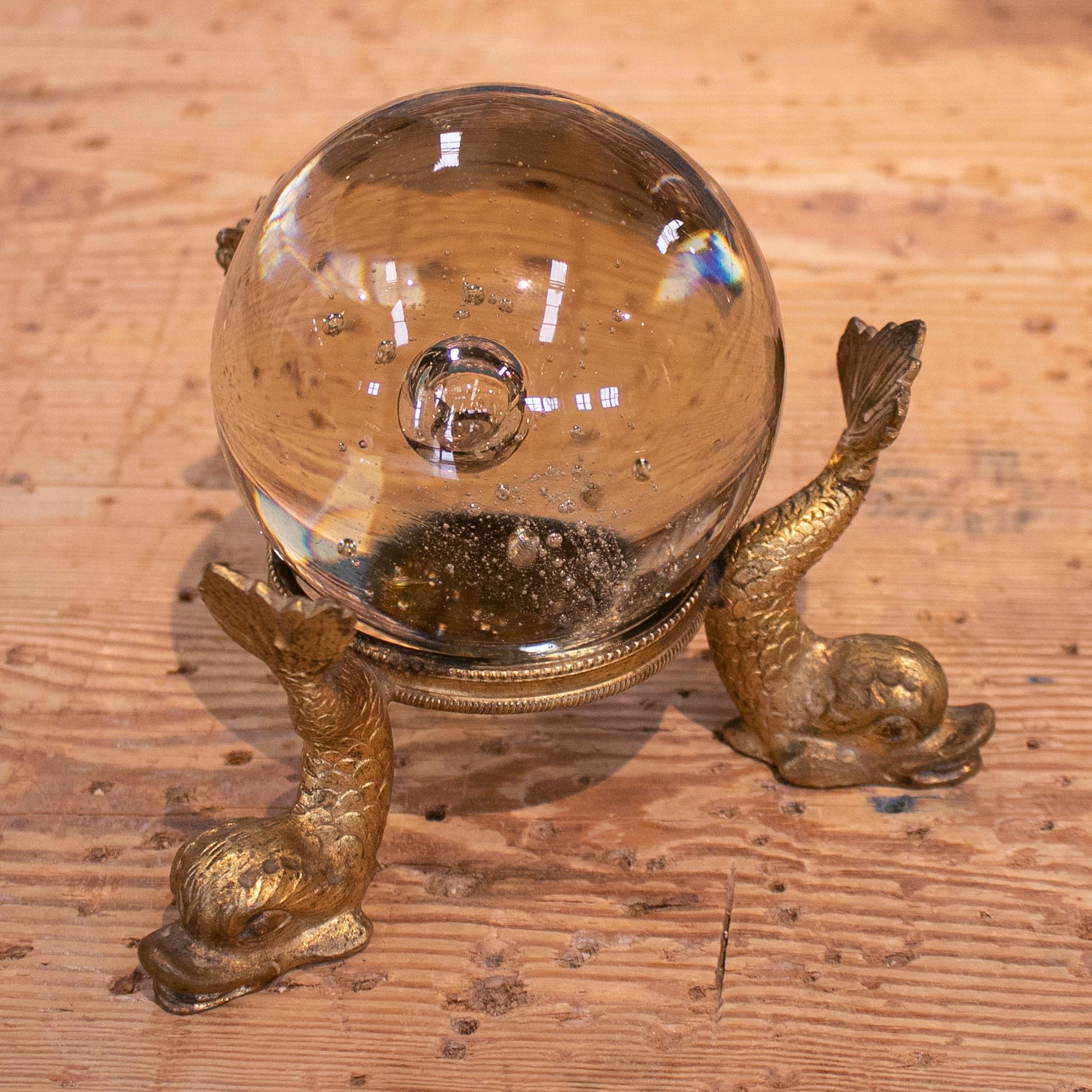 19th Century French Grand Tour Glass Ball with Fish Feet Golden Bronze Base 2