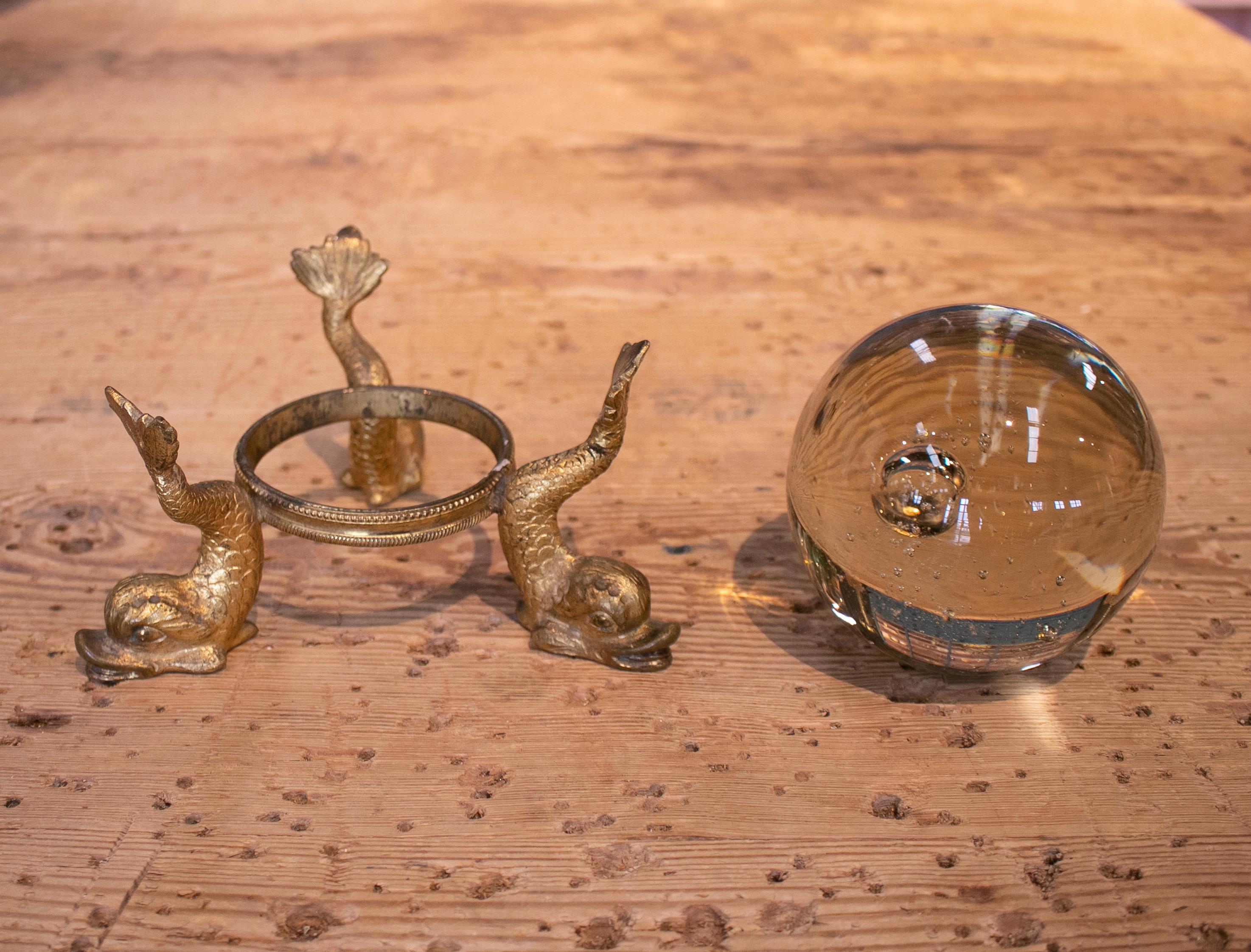 19th Century French Grand Tour Glass Ball with Fish Feet Golden Bronze Base 3