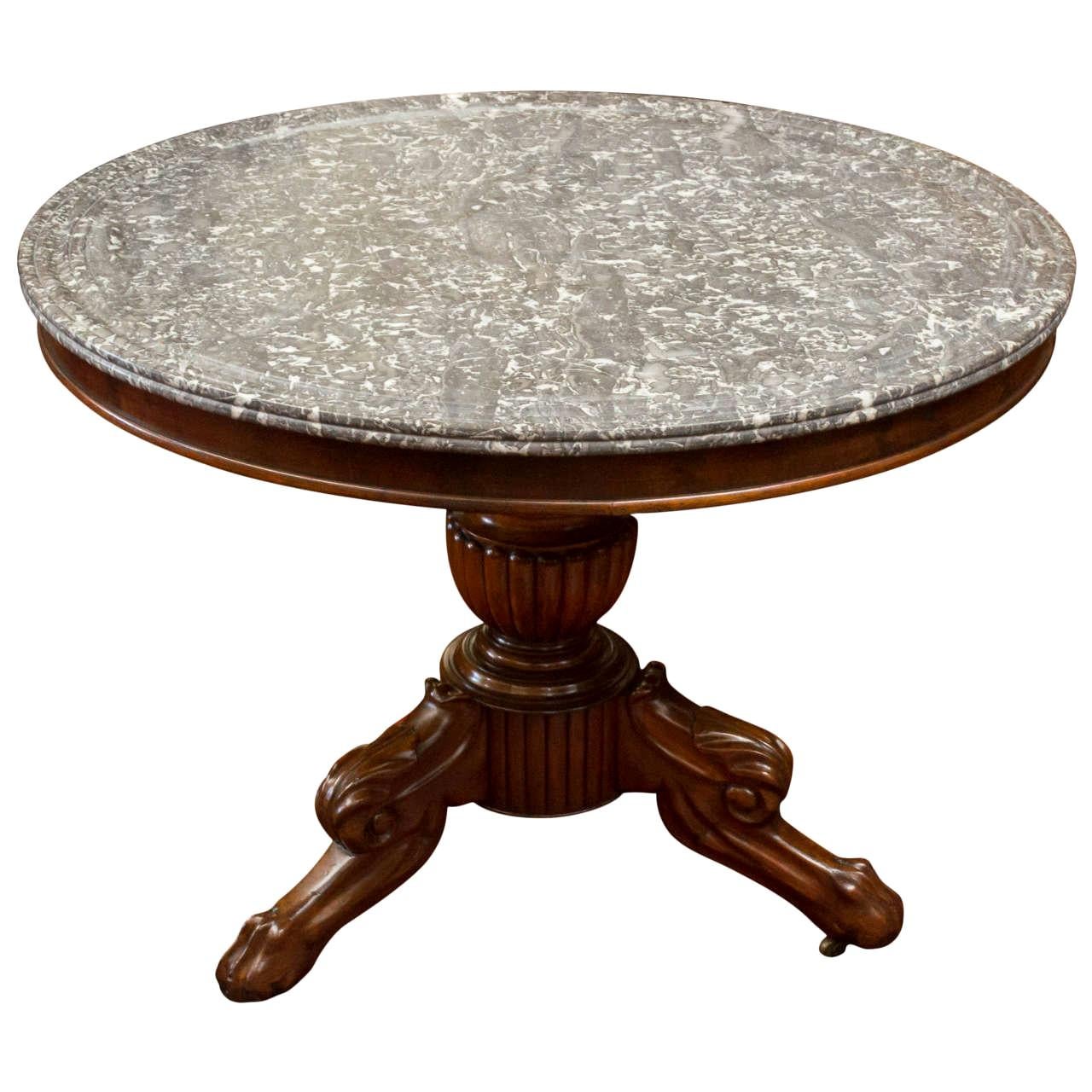19th Century French Gray Marble-Top Mahogany Center Table