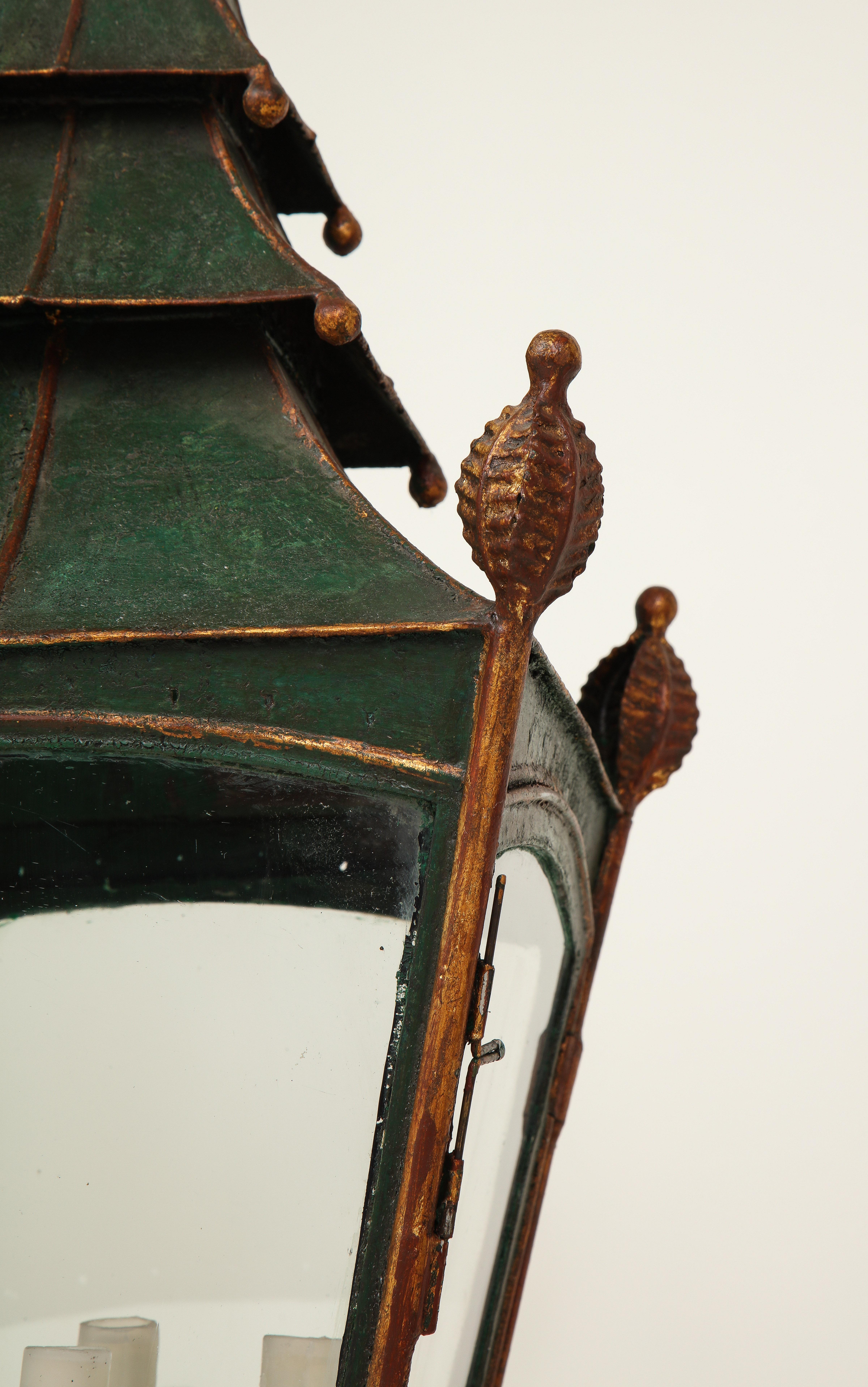 Rustic 19th Century French Green and Gilt Tôle Lantern