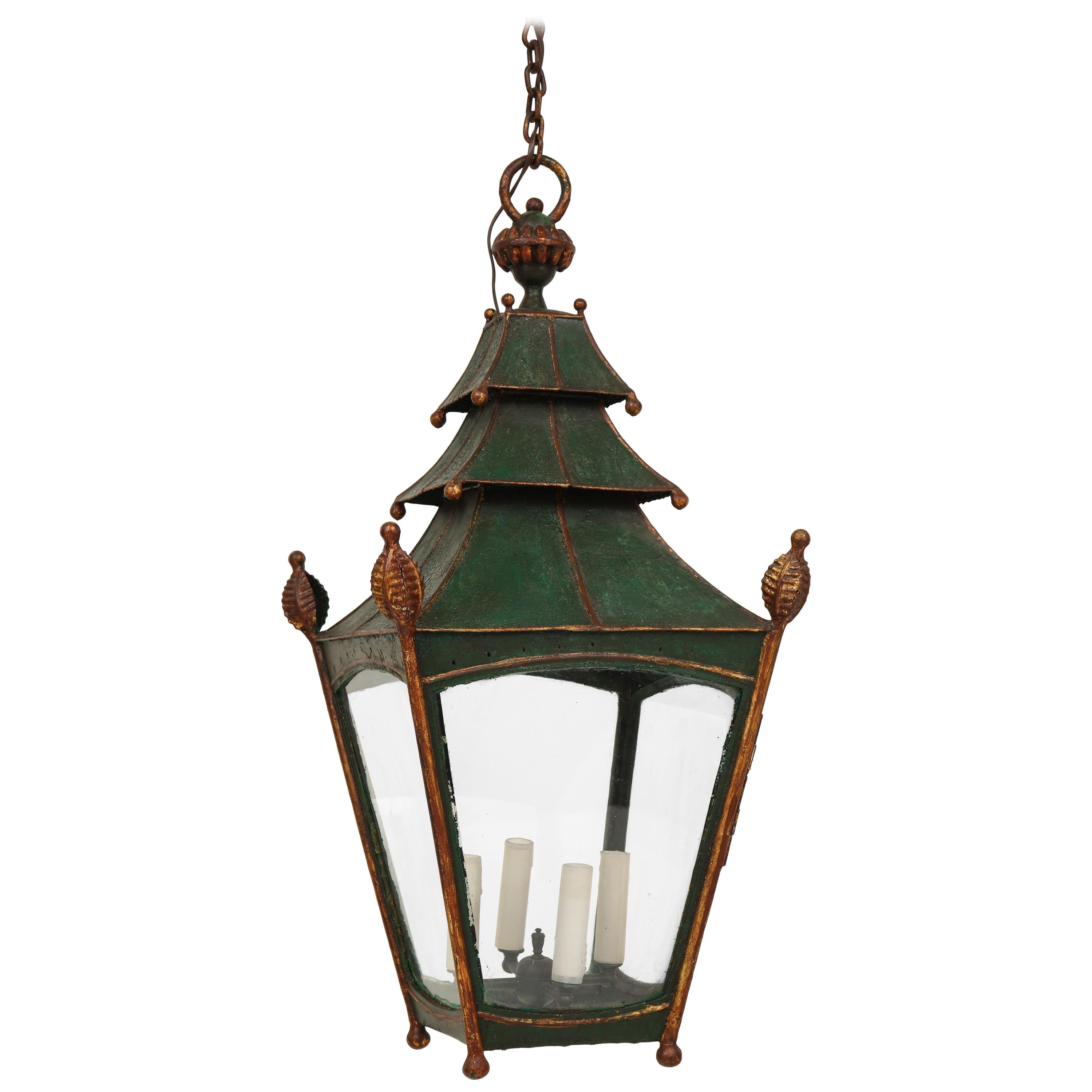 19th Century French Green and Gilt Tôle Lantern