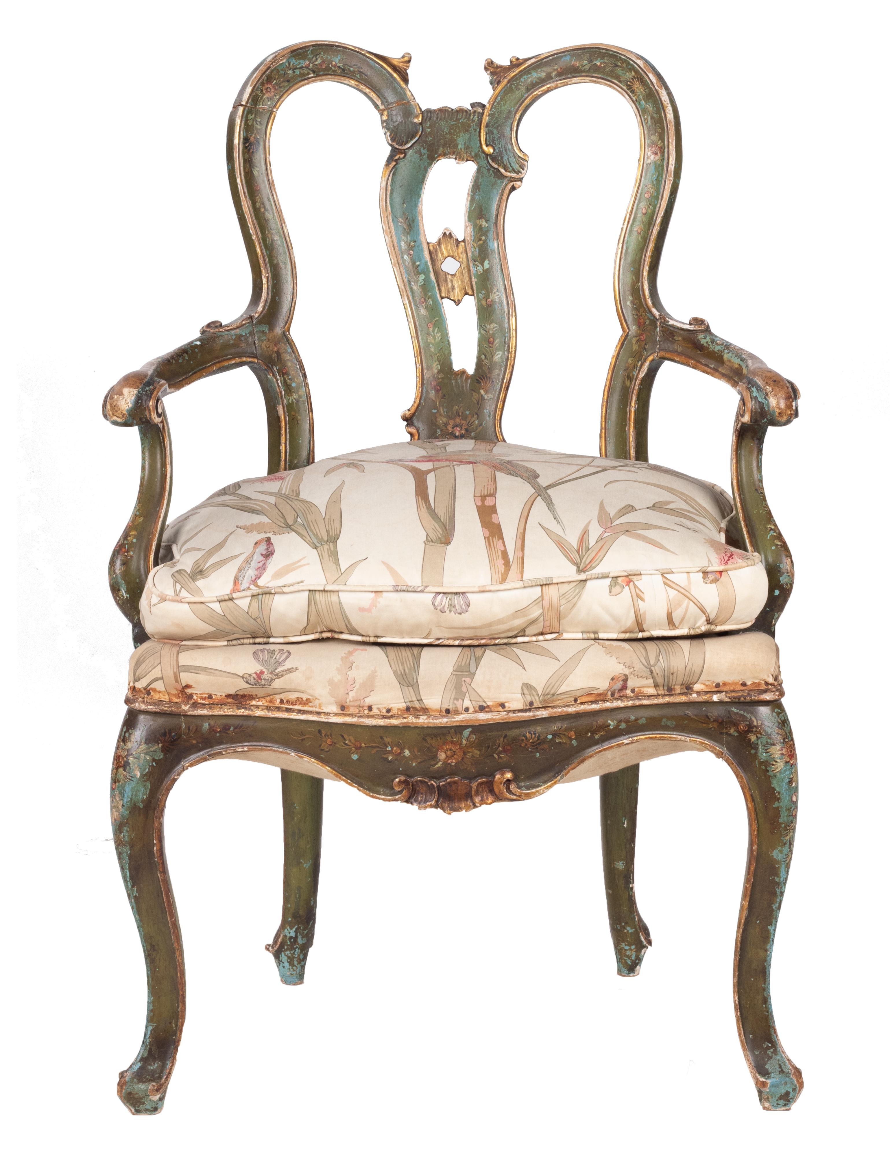 19th century French green and golden polychrome armchair.