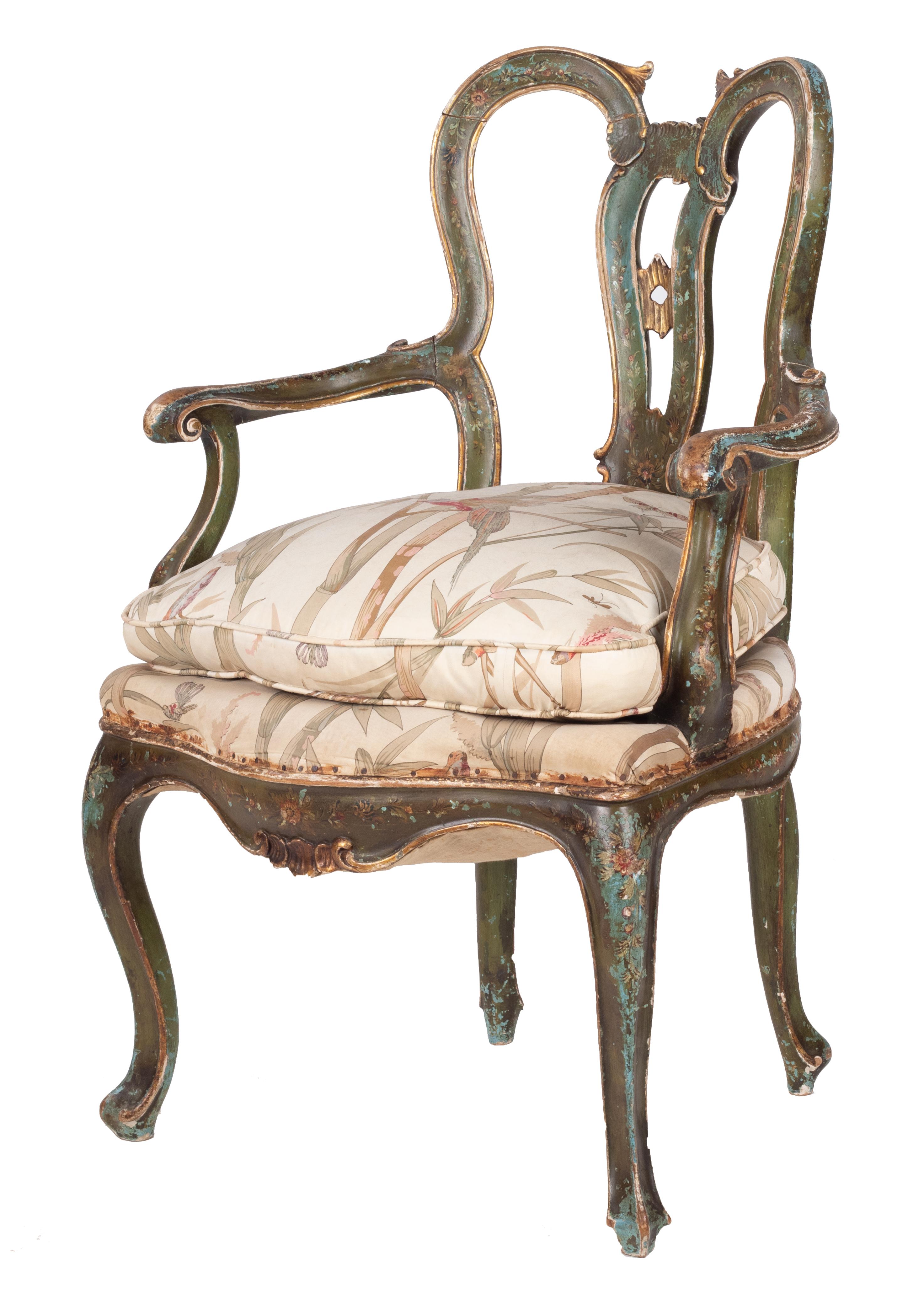 Polychromed 19th Century French Green and Golden Polychrome Armchair