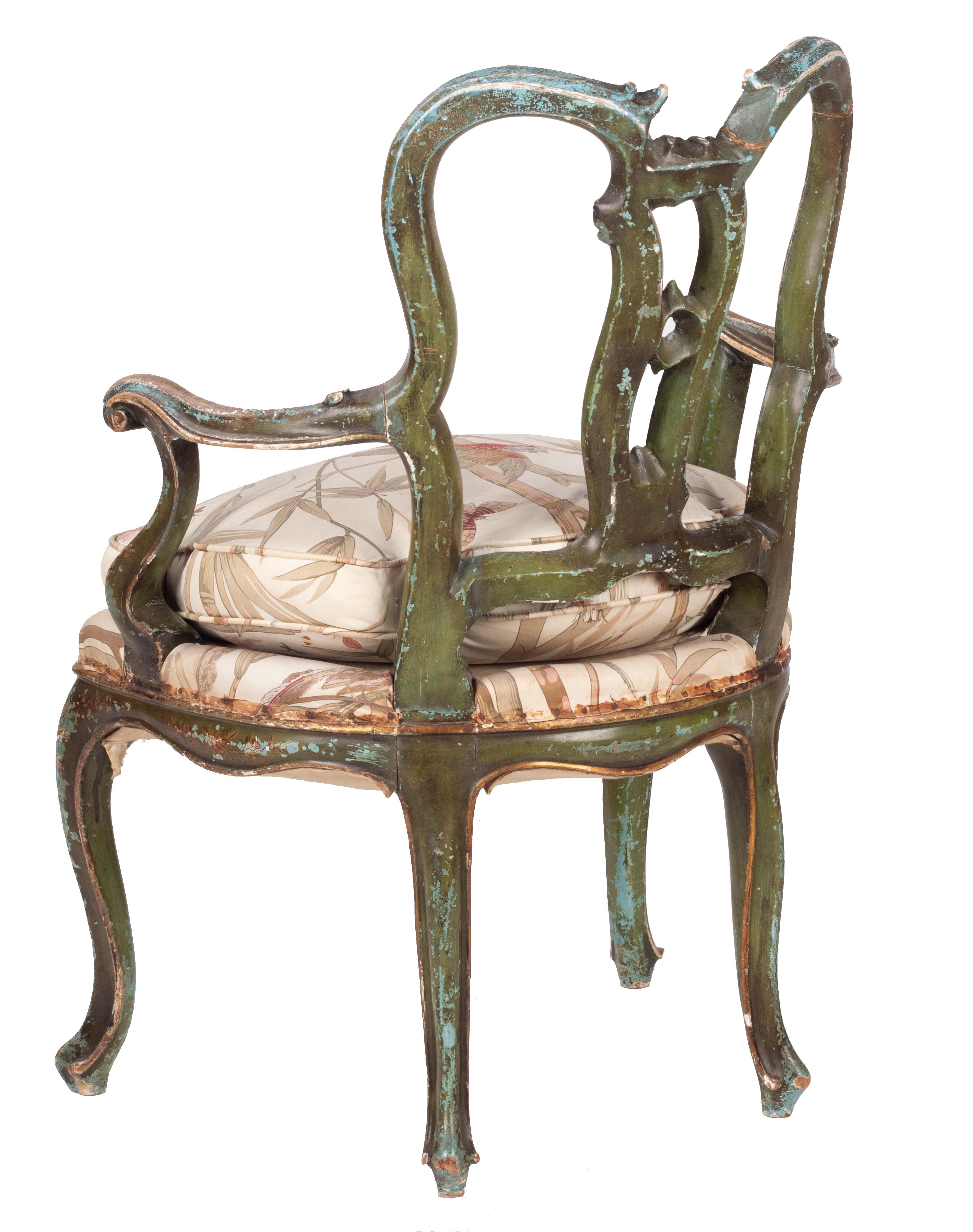 Wood 19th Century French Green and Golden Polychrome Armchair