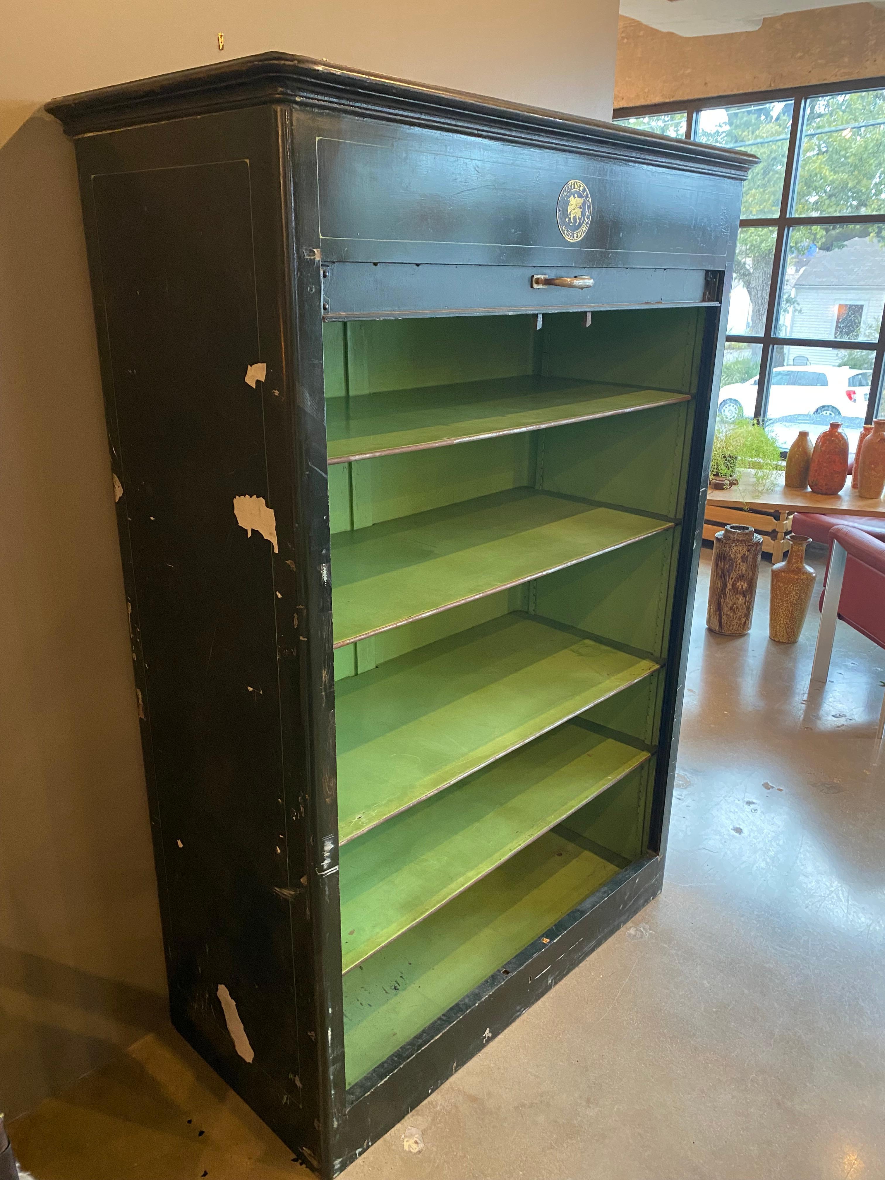 Industrial 19th Century French Green Cabinet with Tambour Door by P. Haffner For Sale