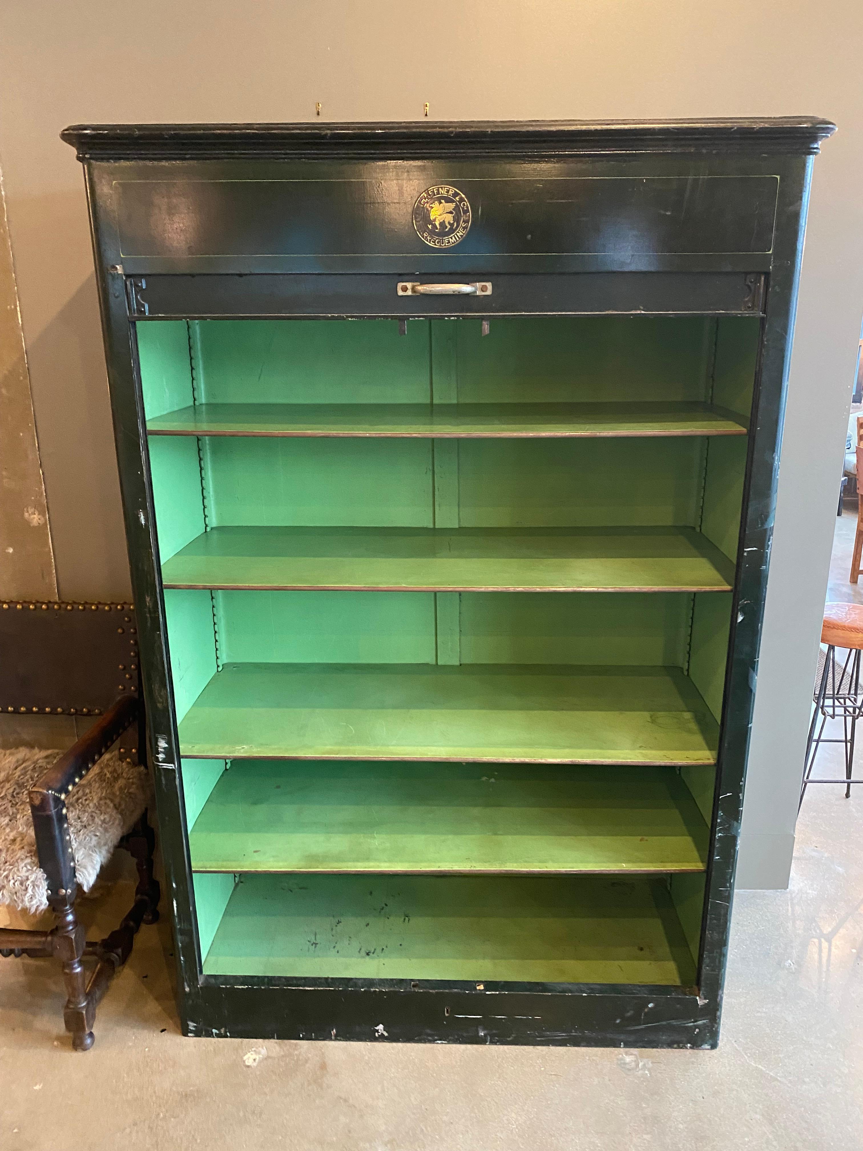 Steel 19th Century French Green Cabinet with Tambour Door by P. Haffner For Sale