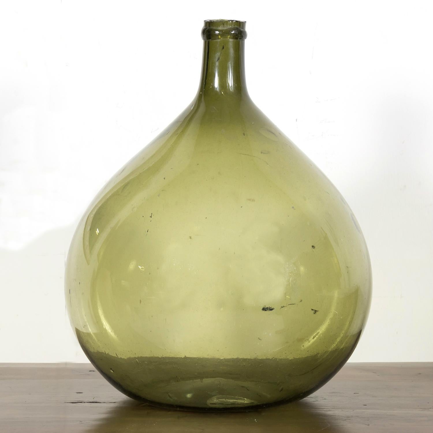 Late 19th Century 19th Century French Green Glass Demijohn or Dame Jeanne Hand Blown Bottle For Sale