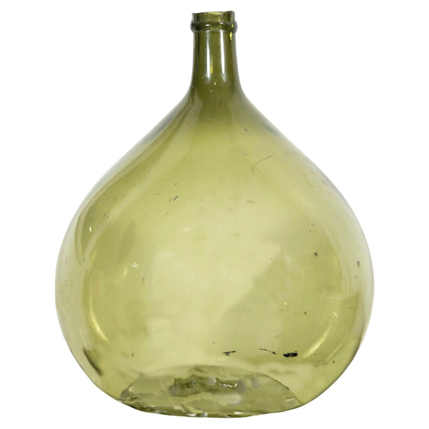 19th Century French Green Glass Demijohn or Dame Jeanne Hand Blown Bottle For Sale