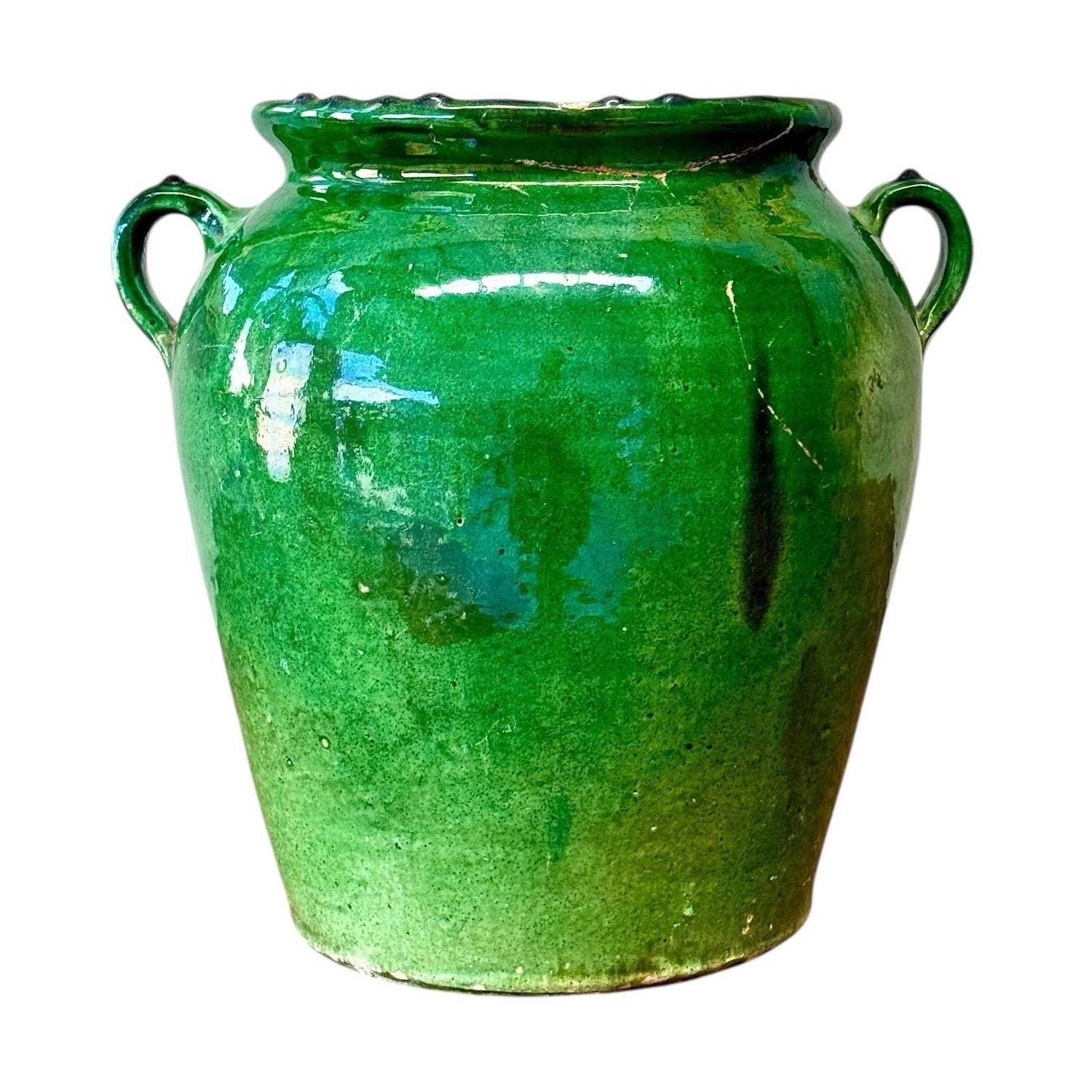 Olla confitada francesa esmaltada en verde del siglo XIX en venta