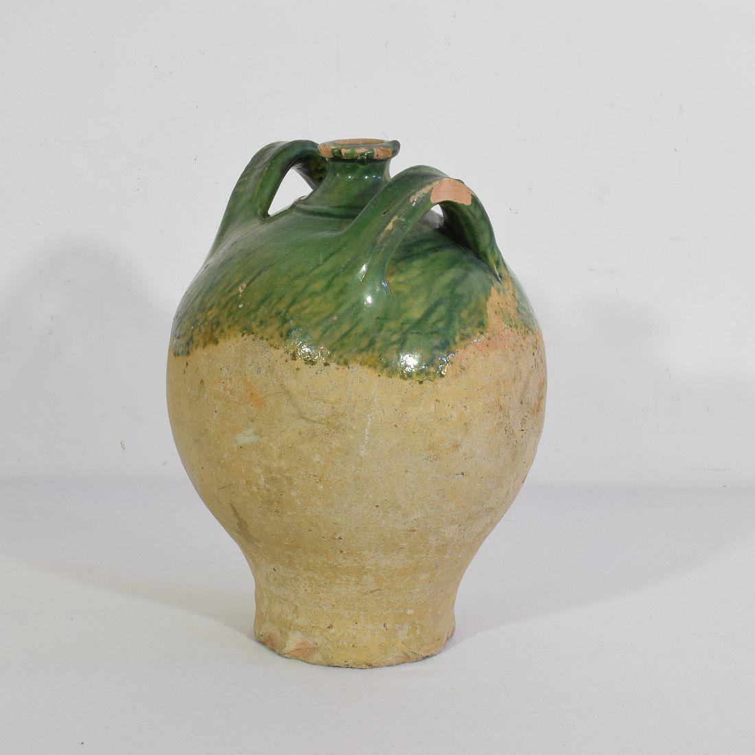French Provincial 19th Century French Green Glazed Earthenware Jug or Water Cruche For Sale
