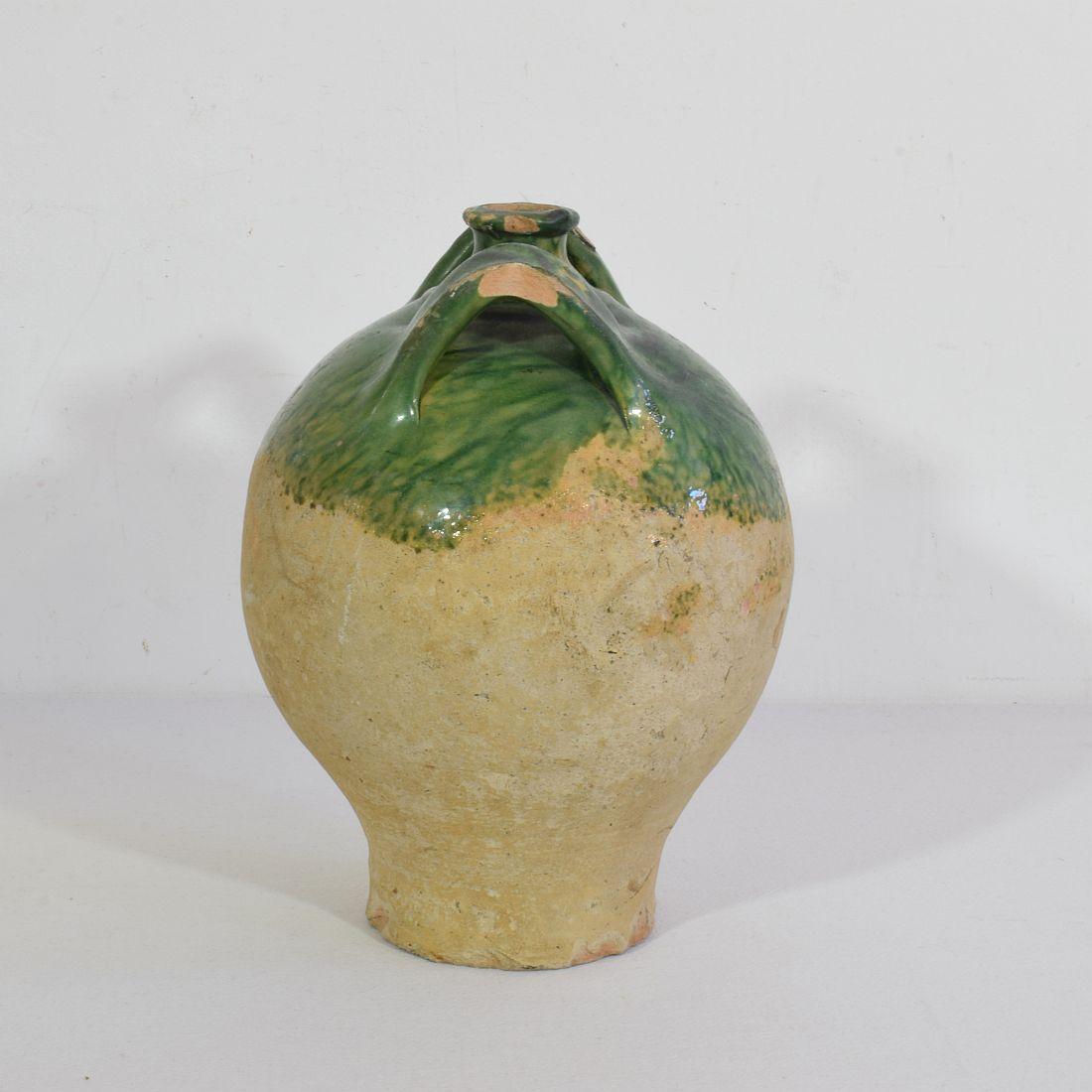 19th Century French Green Glazed Earthenware Jug or Water Cruche In Good Condition For Sale In Buisson, FR