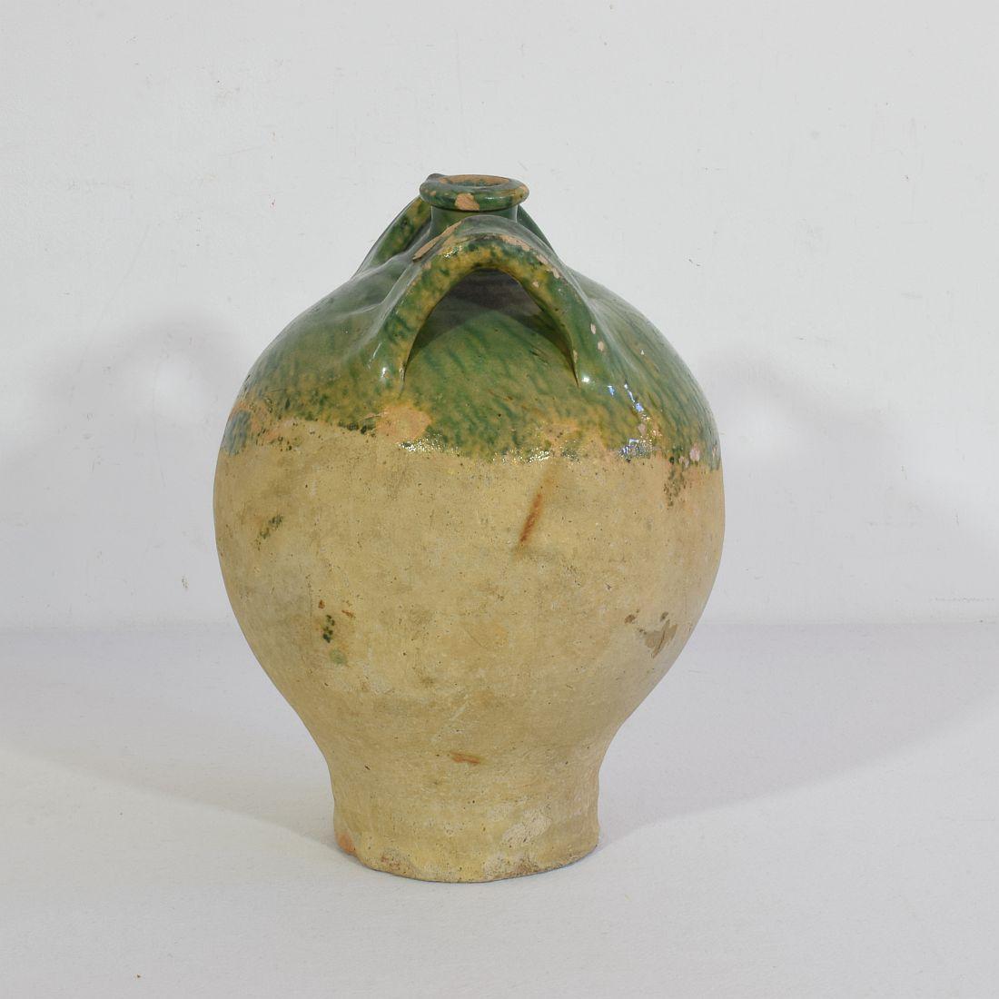 19th Century French Green Glazed Earthenware Jug or Water Cruche For Sale 2