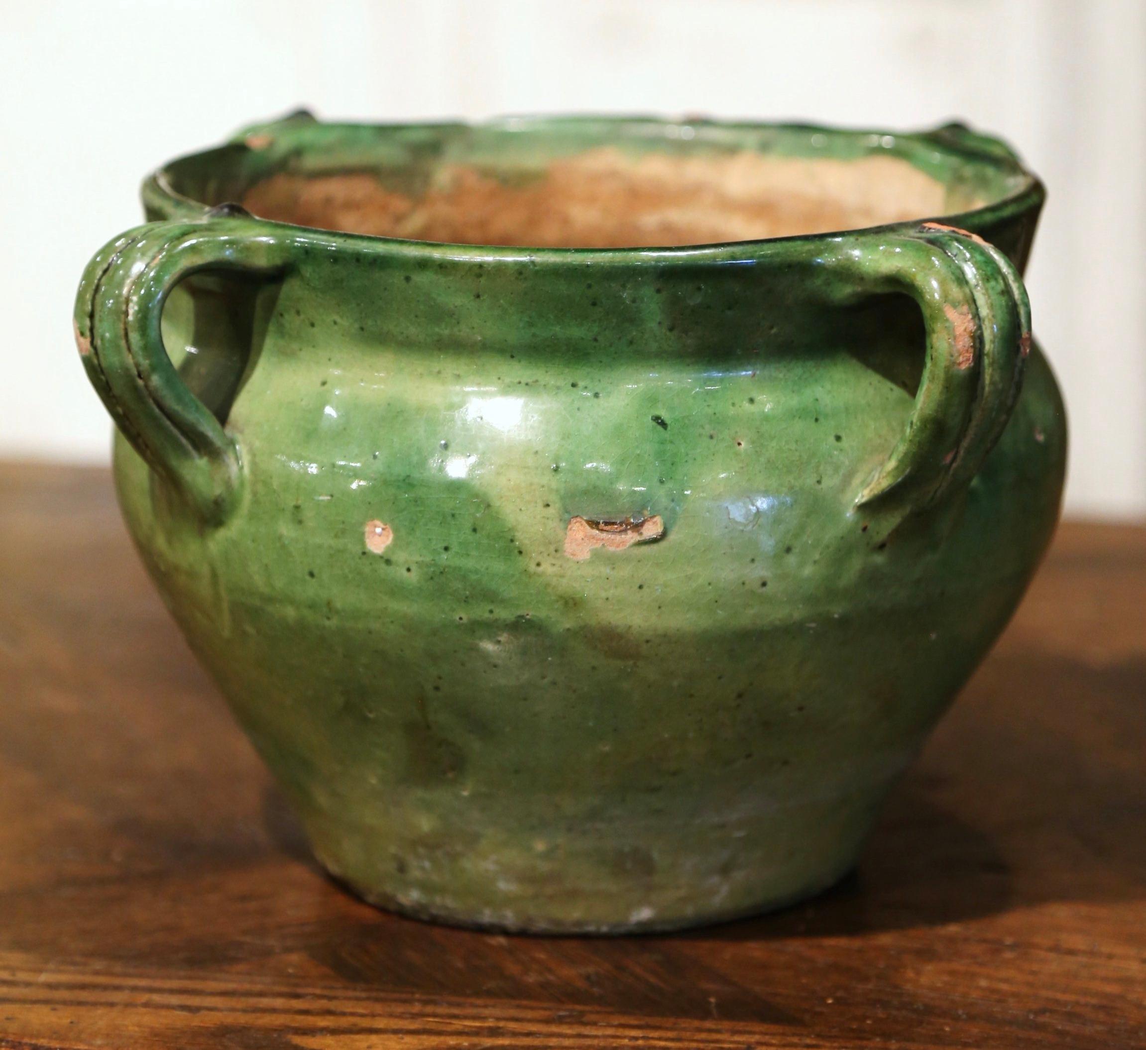 19th Century French Green Glazed Pottery Flower Cache Pot from Provence In Excellent Condition In Dallas, TX